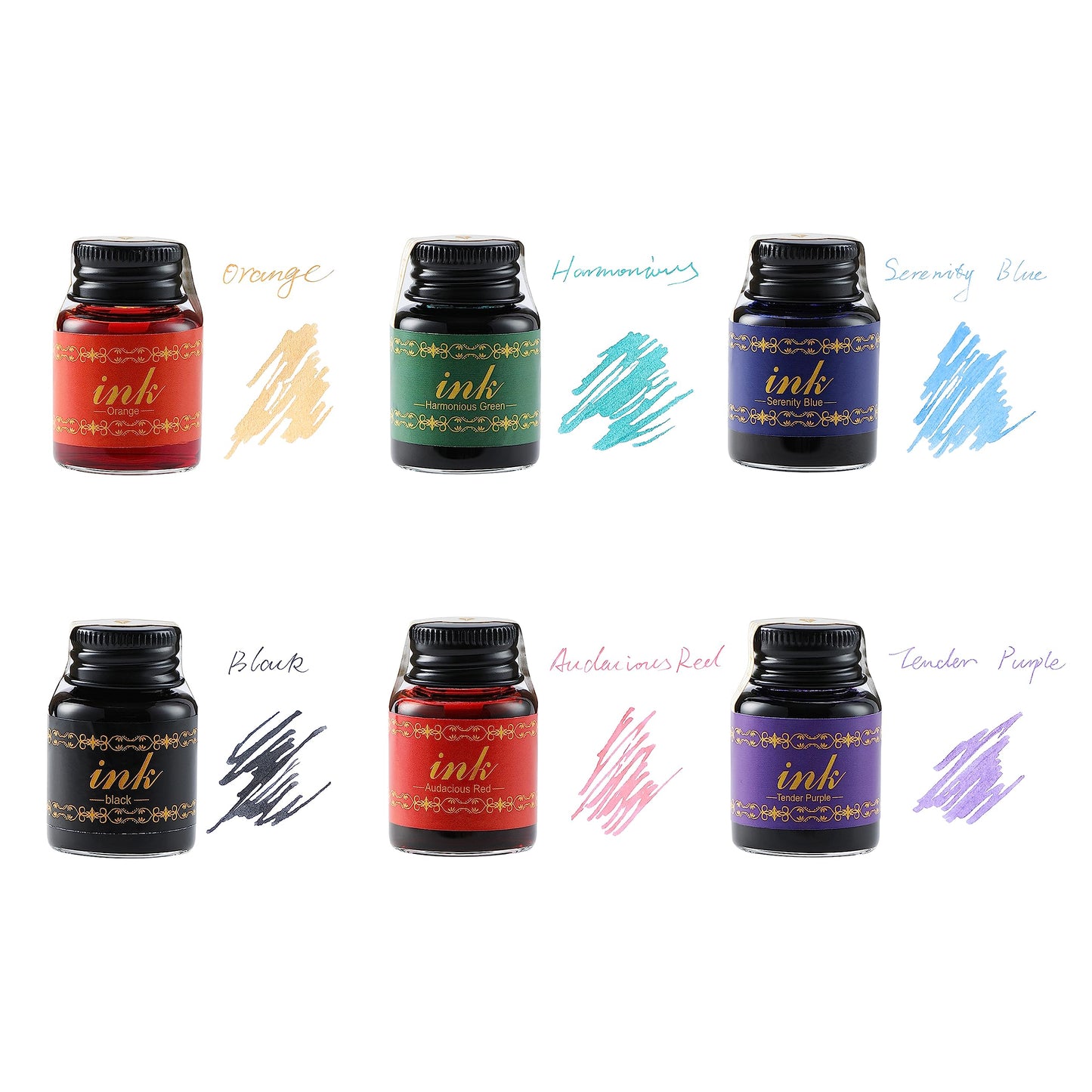 6-Bottle Dip Pen Ink Set - 15ml Each | Premium Writing/Drawing Inks for Fountain Pens, Glass Pens, Calligraphy Dipping Pens, Feather Pens, Quill Pens, and Witch Pens | Black, Blue, Purple, Orange, Red, Green Inks