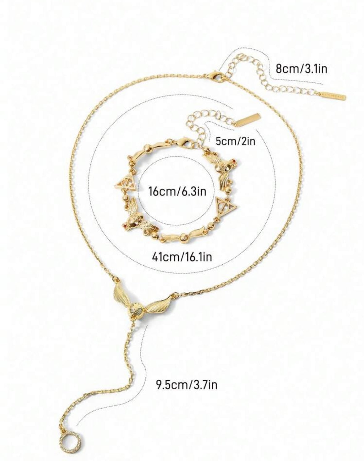 2pcs
Set Adjustable Size Zinc Alloy Necklace And Bracelet Gold-Tone Gift Set, Suitable For Gifts, Collection, Memento: Golden Snitch, Deathly Hallows, Hedwig