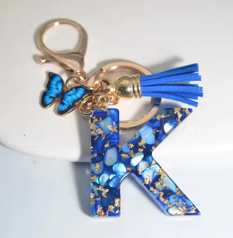 Fashion Blue Glazed Stone A To Z Letter Keychain - Stylish Keychain with Blue Glaze, Gold Accents & Blue Feather Accents