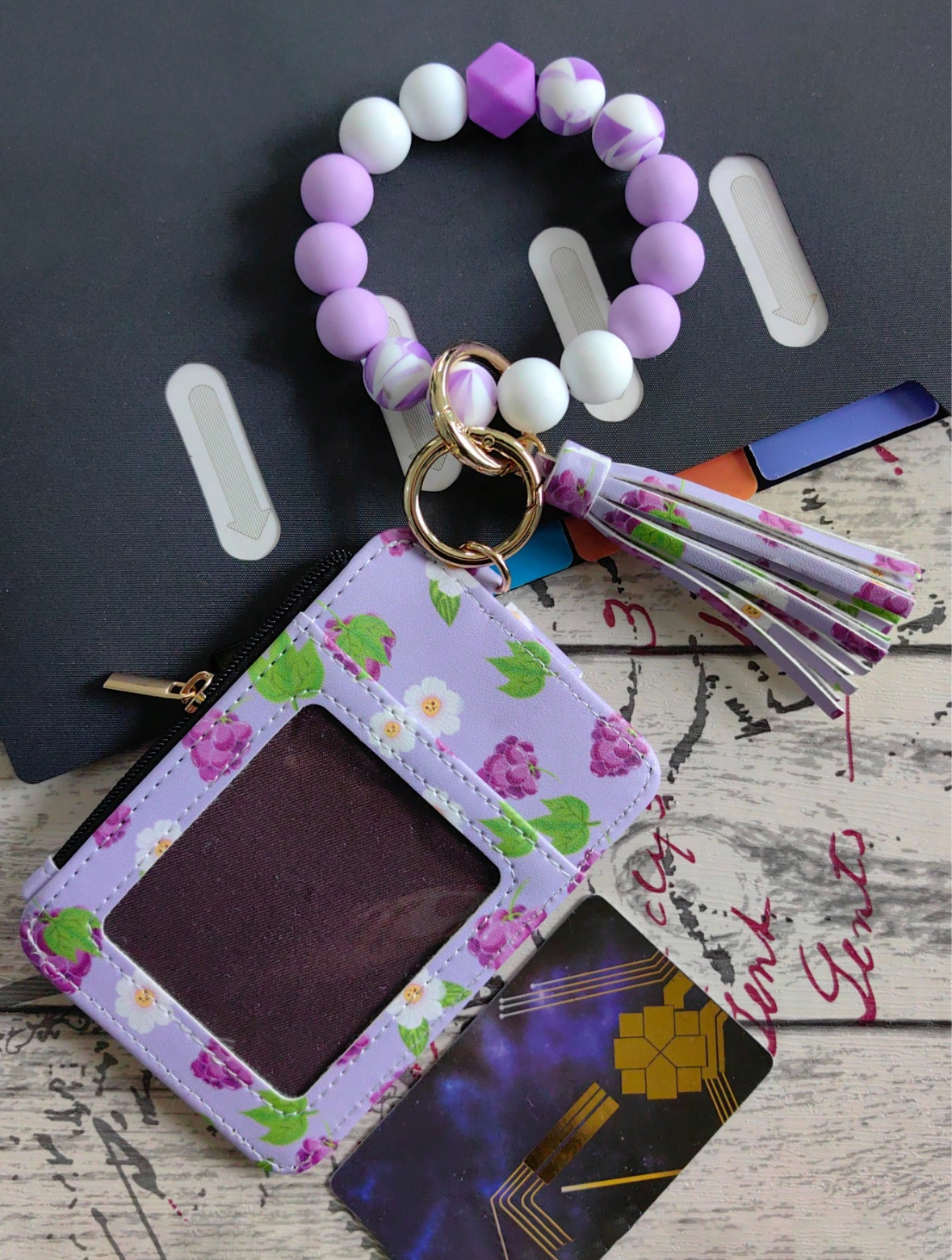 Fruit Print Cardholder Wallet & Silicone Bracelet Keychain Lightweight Transparent Anti-Theft Design