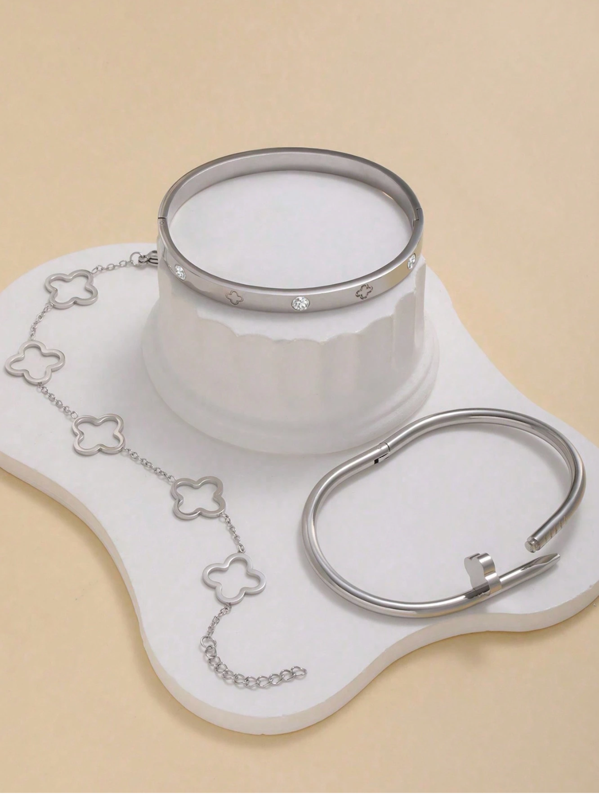 3pcs Luxury Clover Cuff Bracelet Set – Stainless Steel Bangles with Zirconia Inlay