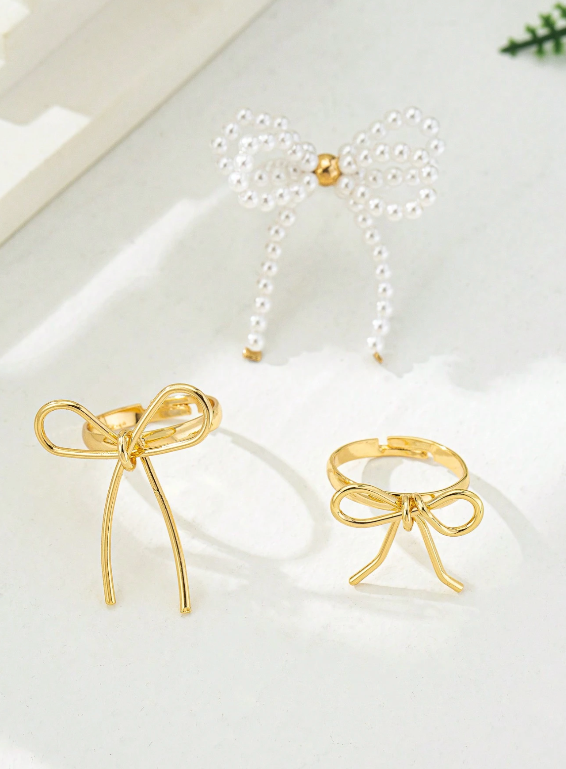 3pcs Bowknot Faux Pearl Rings Set – Double Layer Adjustable Rings for Women | Cute & Stylish Everyday Jewelry | Valentine’s Day Gift