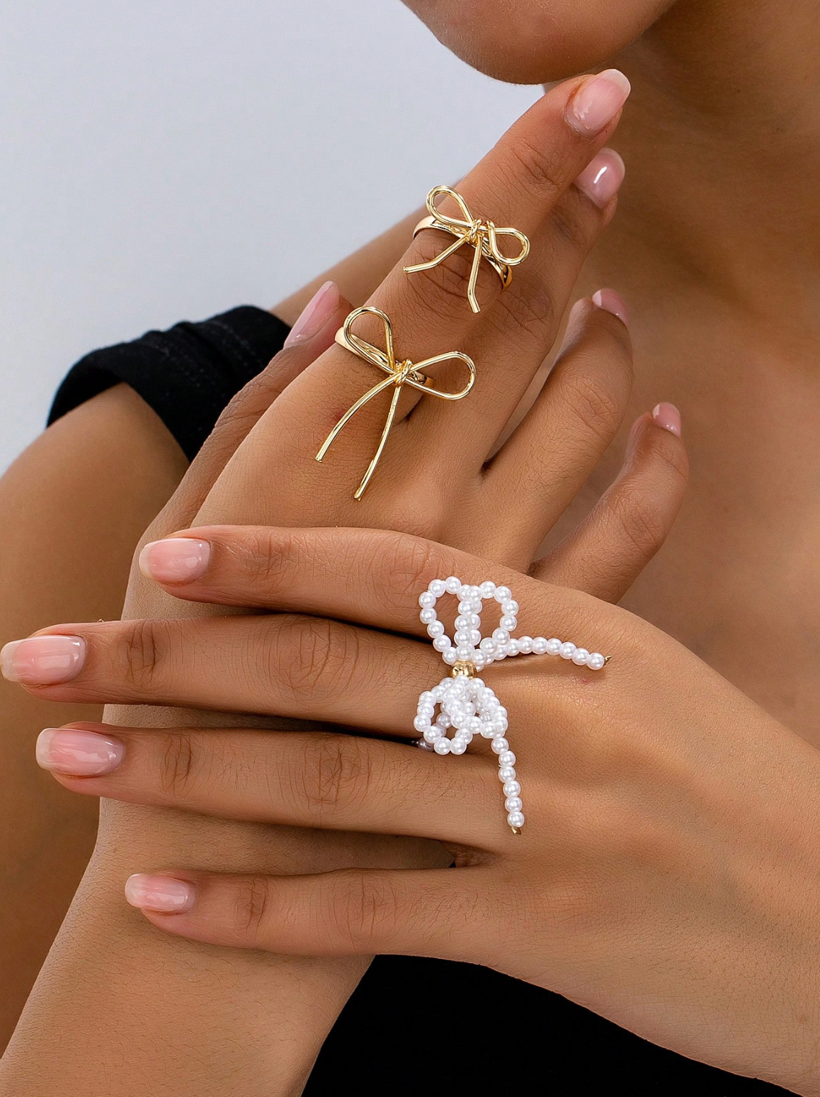 3pcs Bowknot Faux Pearl Rings Set – Double Layer Adjustable Rings for Women | Cute & Stylish Everyday Jewelry | Valentine’s Day Gift