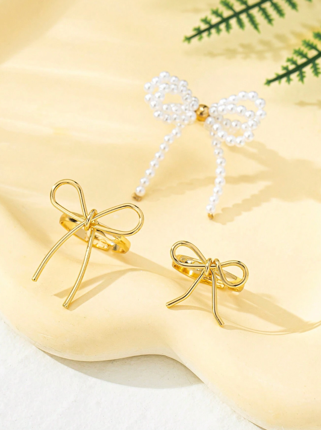 3pcs Bowknot Faux Pearl Rings Set – Double Layer Adjustable Rings for Women | Cute & Stylish Everyday Jewelry | Valentine’s Day Gift
