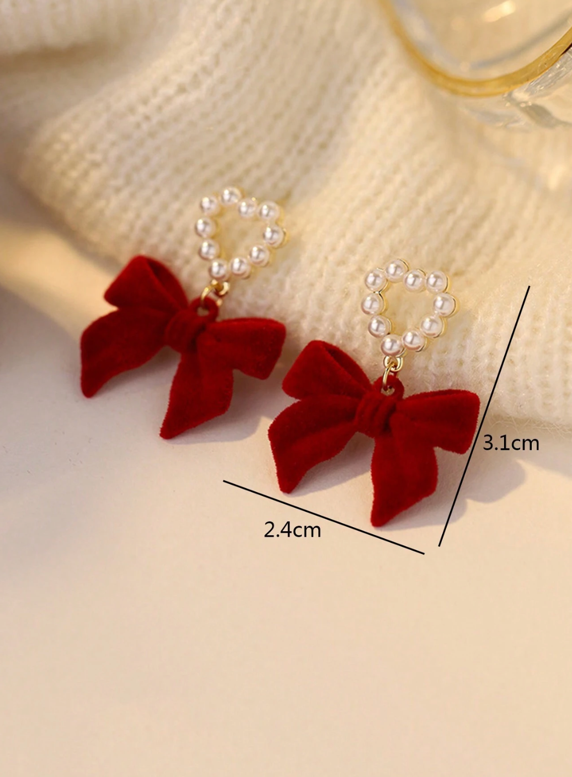 Red Furry Heart Bow Earrings with Faux Pearls – Cute & Elegant Retro Style for Women | Holiday & Valentine’s Day Jewelry