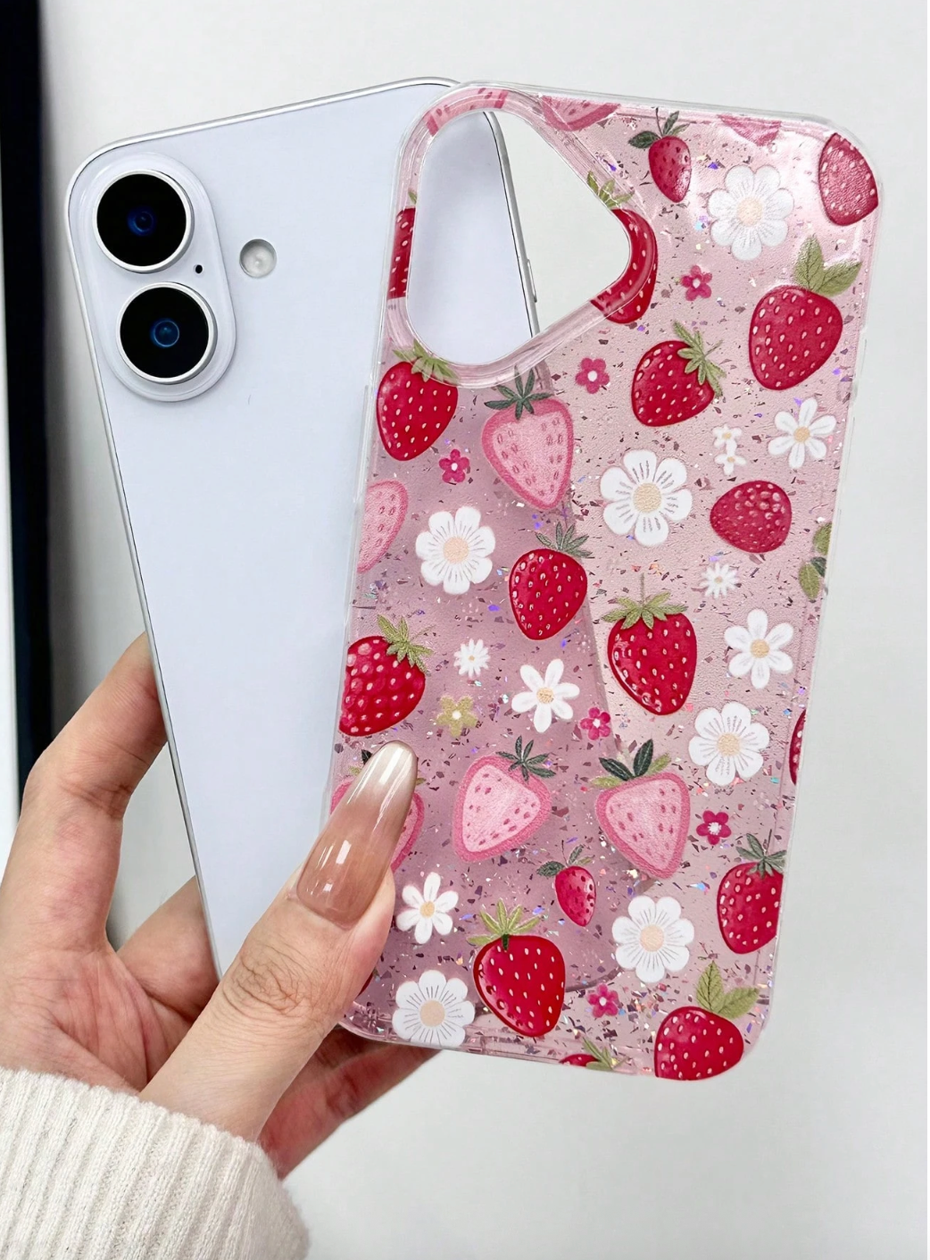 Red Glitter Epoxy Floral Phone Case – Cherry & Strawberry Variations with Dangling Charm | Shockproof Transparent Cover for iPhone
