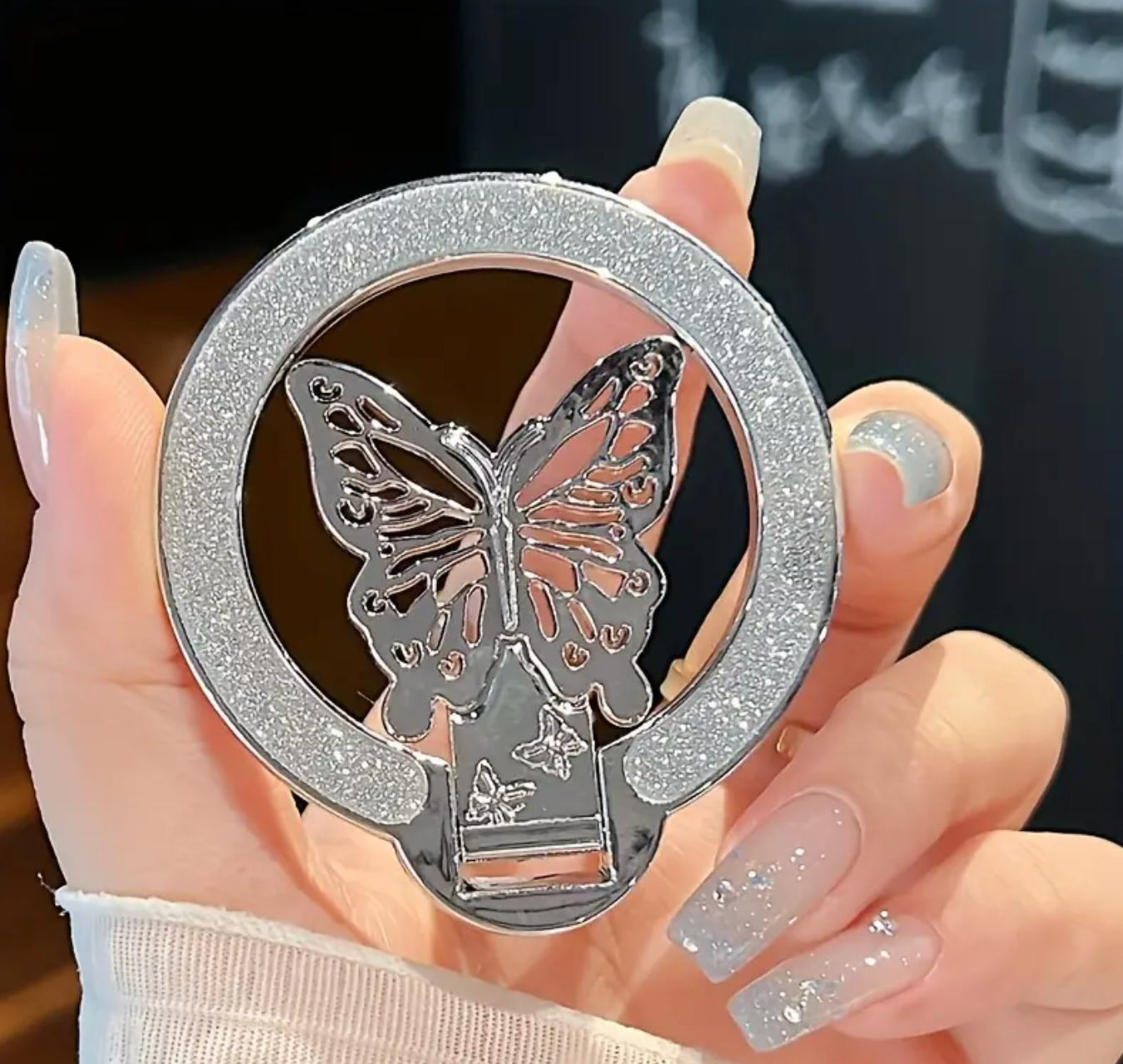 1pc Glitter Butterfly Phone Ring Holder – Ultra-Thin Magnetic Foldable Stand, Wireless Charging Compatible