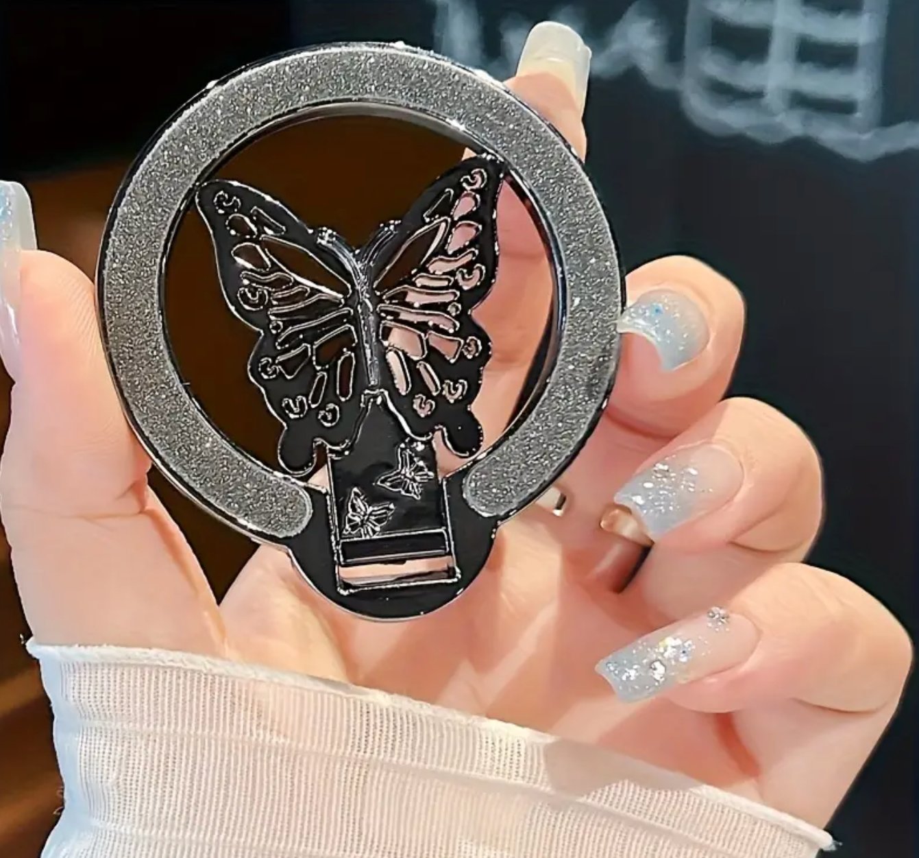 1pc Glitter Butterfly Phone Ring Holder – Ultra-Thin Magnetic Foldable Stand, Wireless Charging Compatible