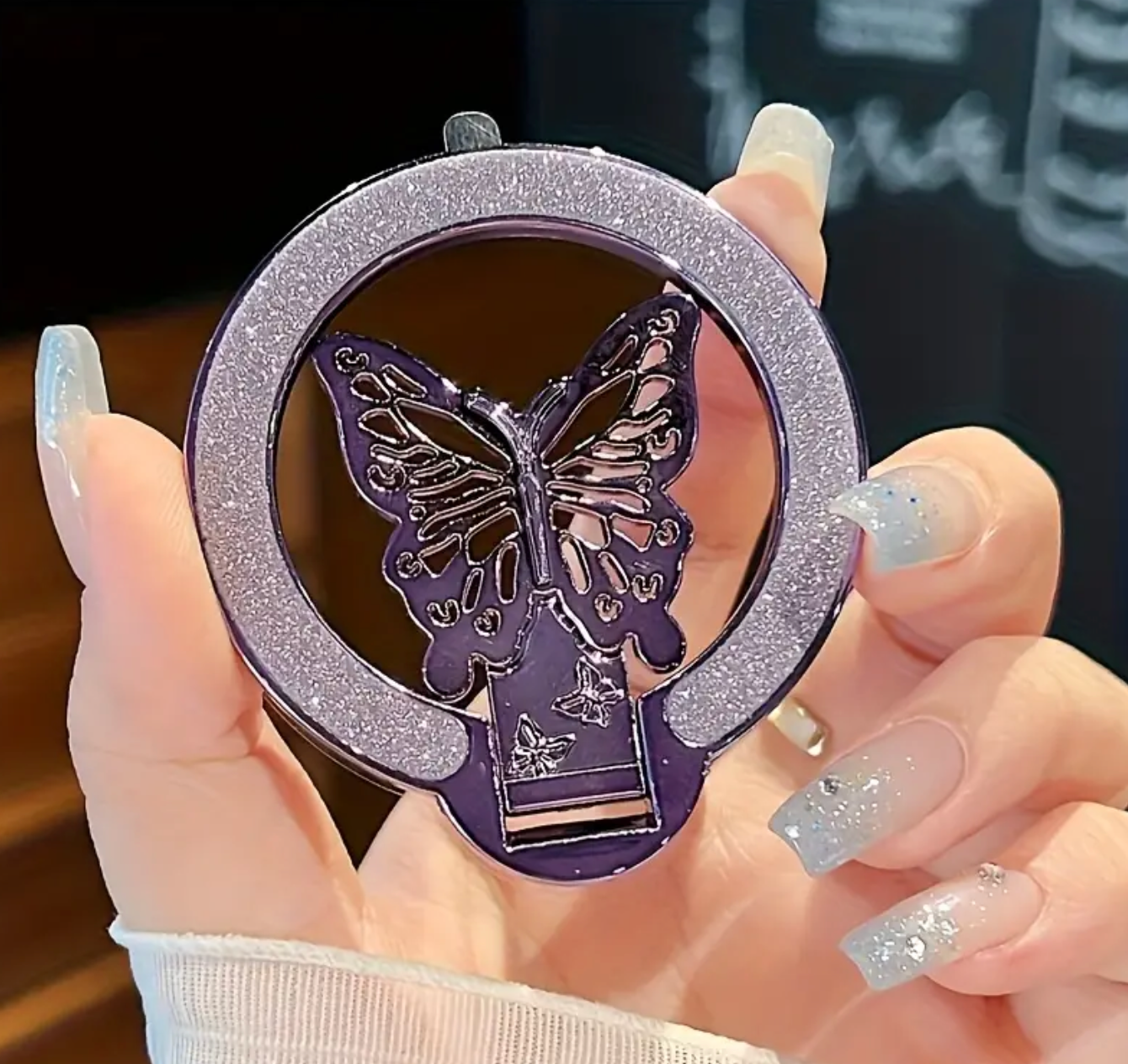 1pc Glitter Butterfly Phone Ring Holder – Ultra-Thin Magnetic Foldable Stand, Wireless Charging Compatible