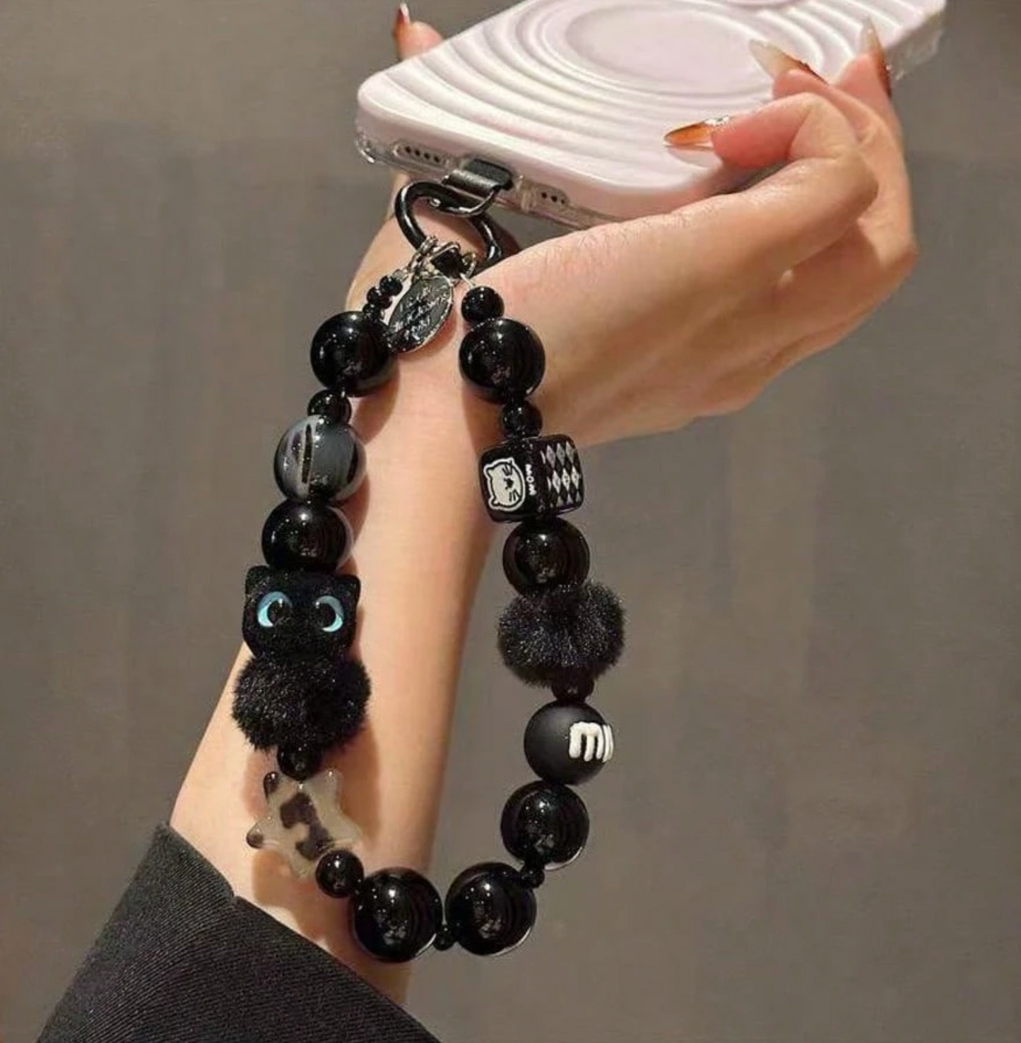 Unique Black Beaded Phone Strap – Wrist Lanyard for Phones, Handbags & Cameras