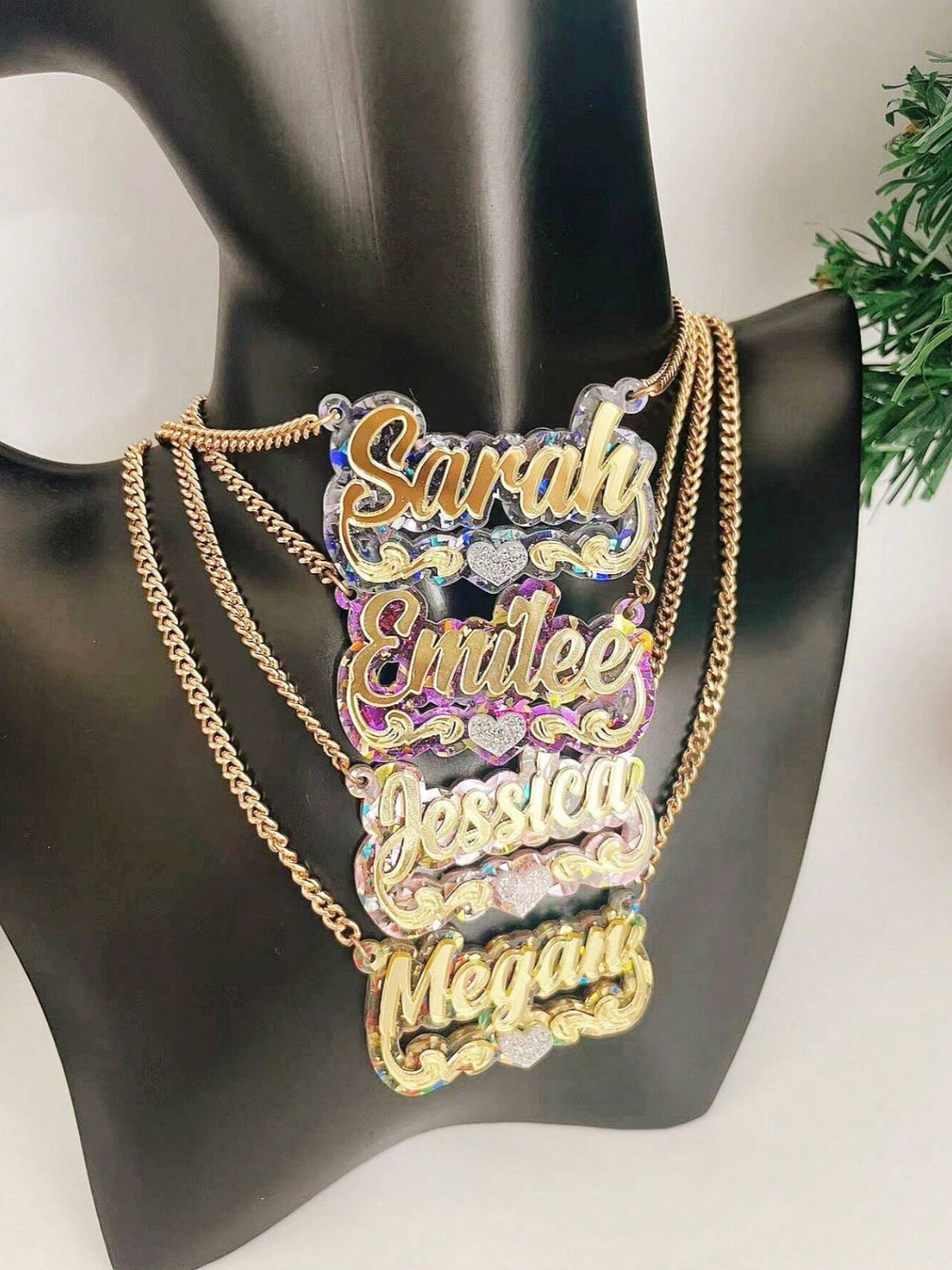 Custom Bling Acrylic Name Necklace – Personalized Glitter Heart Lace Pendant Chain, Leave The Name in The Order Instruction Please