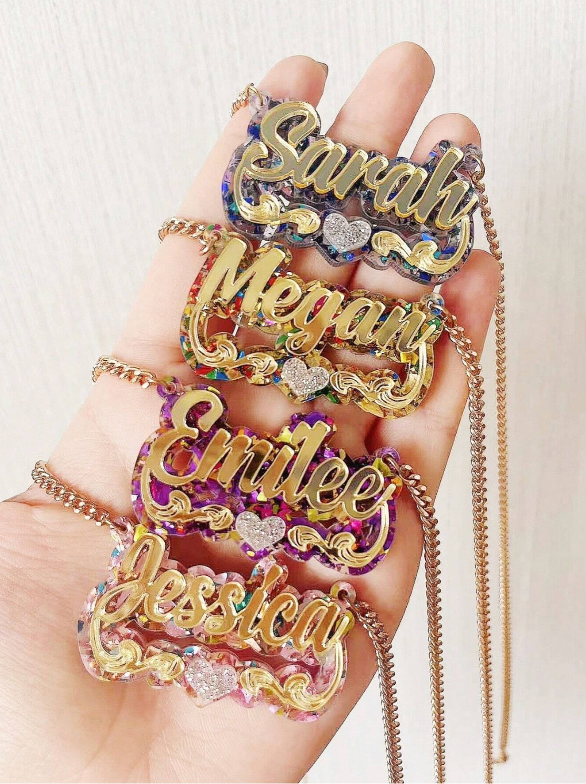 Custom Bling Acrylic Name Necklace – Personalized Glitter Heart Lace Pendant Chain, Leave The Name in The Order Instruction Please