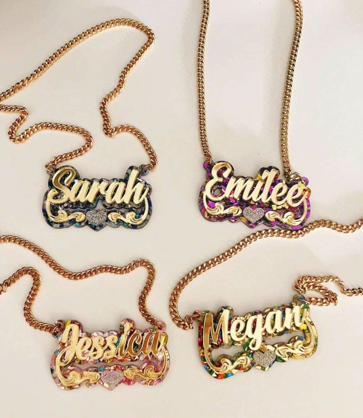 Custom Bling Acrylic Name Necklace – Personalized Glitter Heart Lace Pendant Chain, Leave The Name in The Order Instruction Please