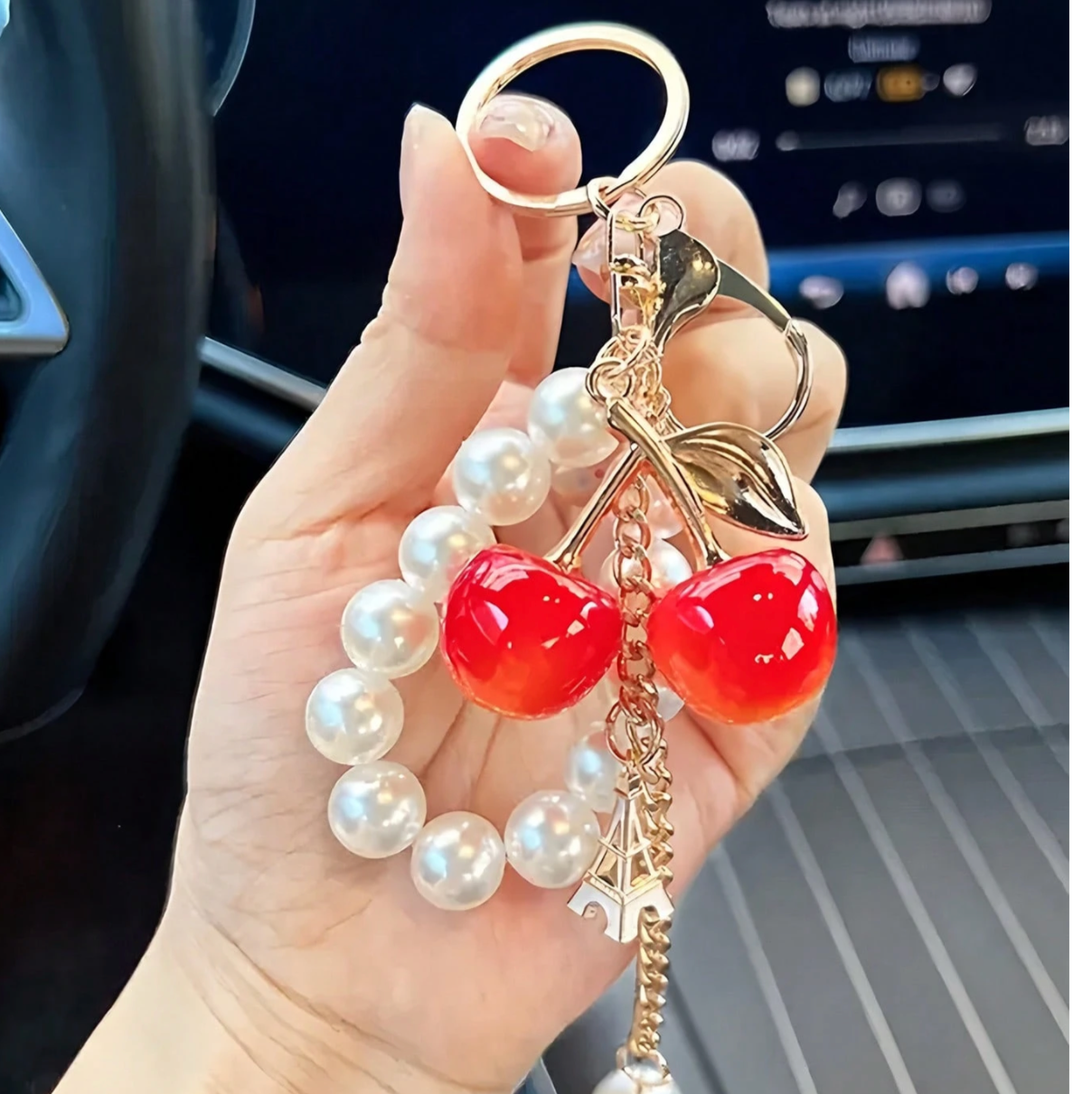 Red Glitter Cherry Pearl Keychain – Cute Bag Charm for Women, Alloy Pendant Accessory for Purse or Backpack