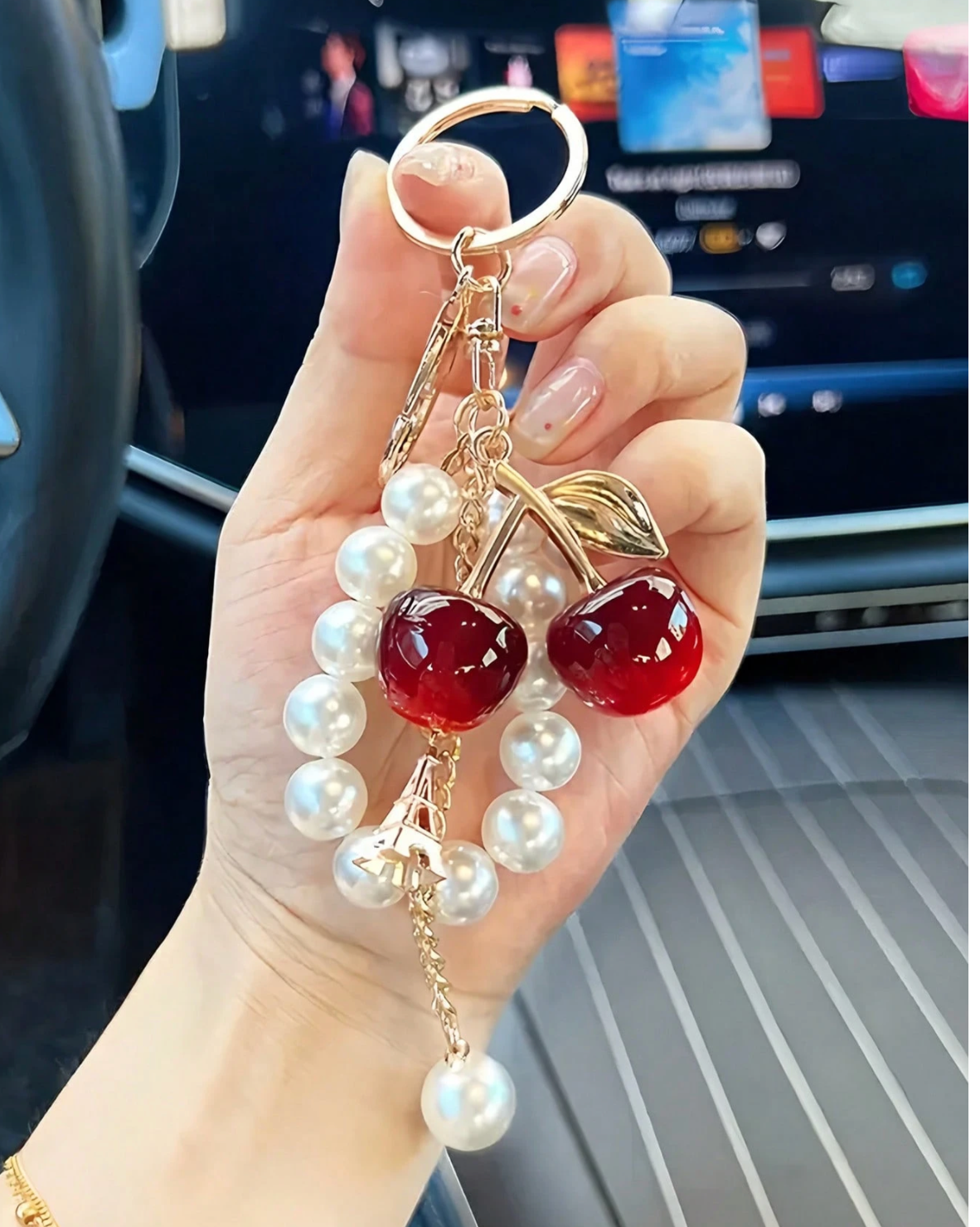 Red Glitter Cherry Pearl Keychain – Cute Bag Charm for Women, Alloy Pendant Accessory for Purse or Backpack