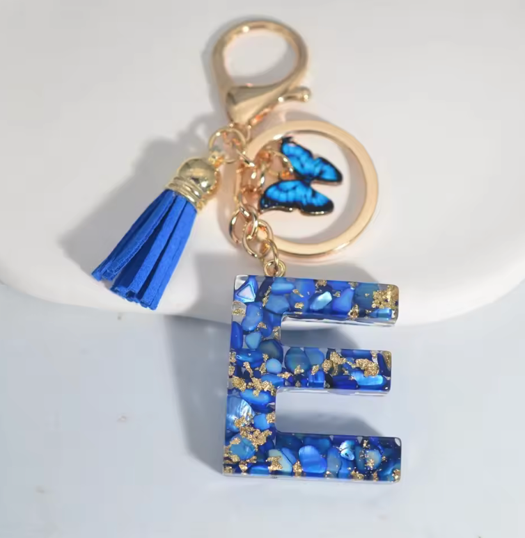 Fashion Blue Glazed Stone A To Z Letter Keychain - Stylish Keychain with Blue Glaze, Gold Accents & Blue Feather Accents