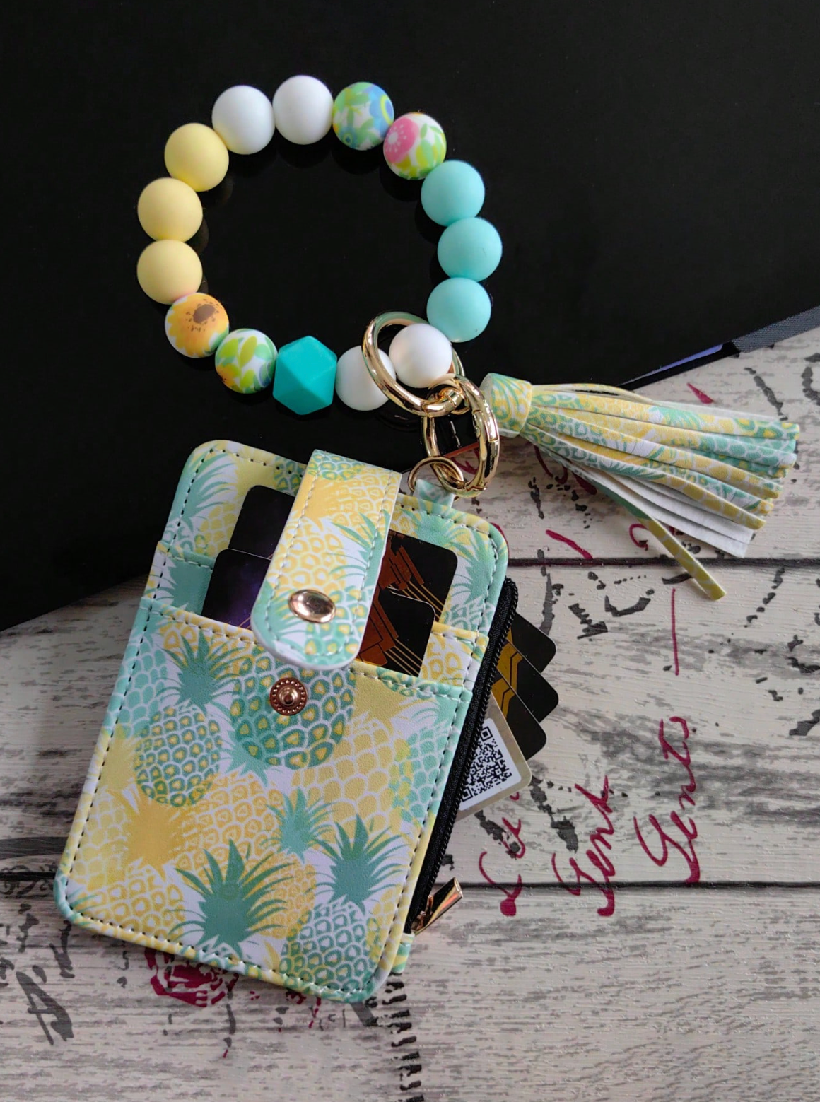 Fruit Print Cardholder Wallet & Silicone Bracelet Keychain Lightweight Transparent Anti-Theft Design