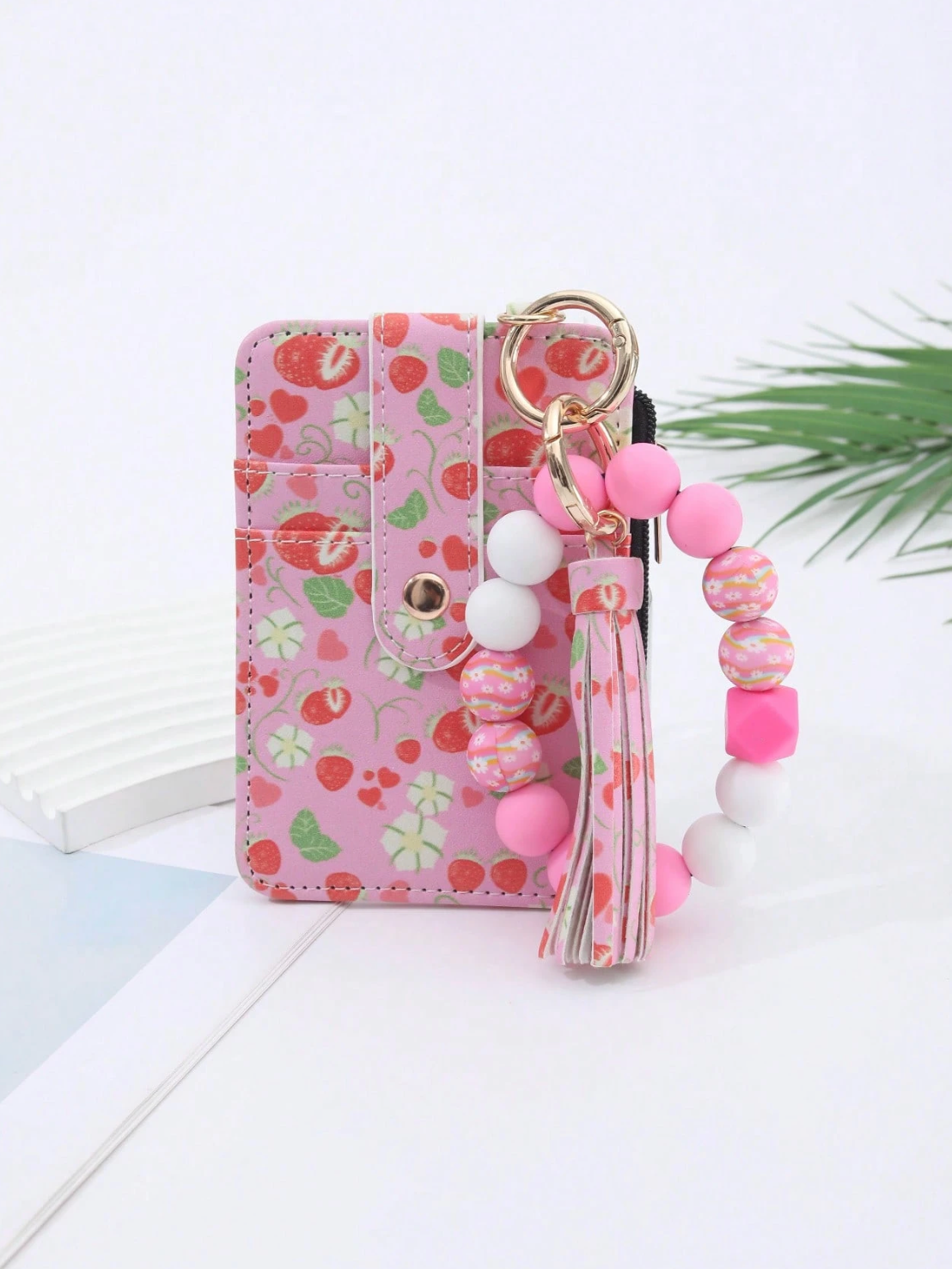 Fruit Print Cardholder Wallet & Silicone Bracelet Keychain Lightweight Transparent Anti-Theft Design