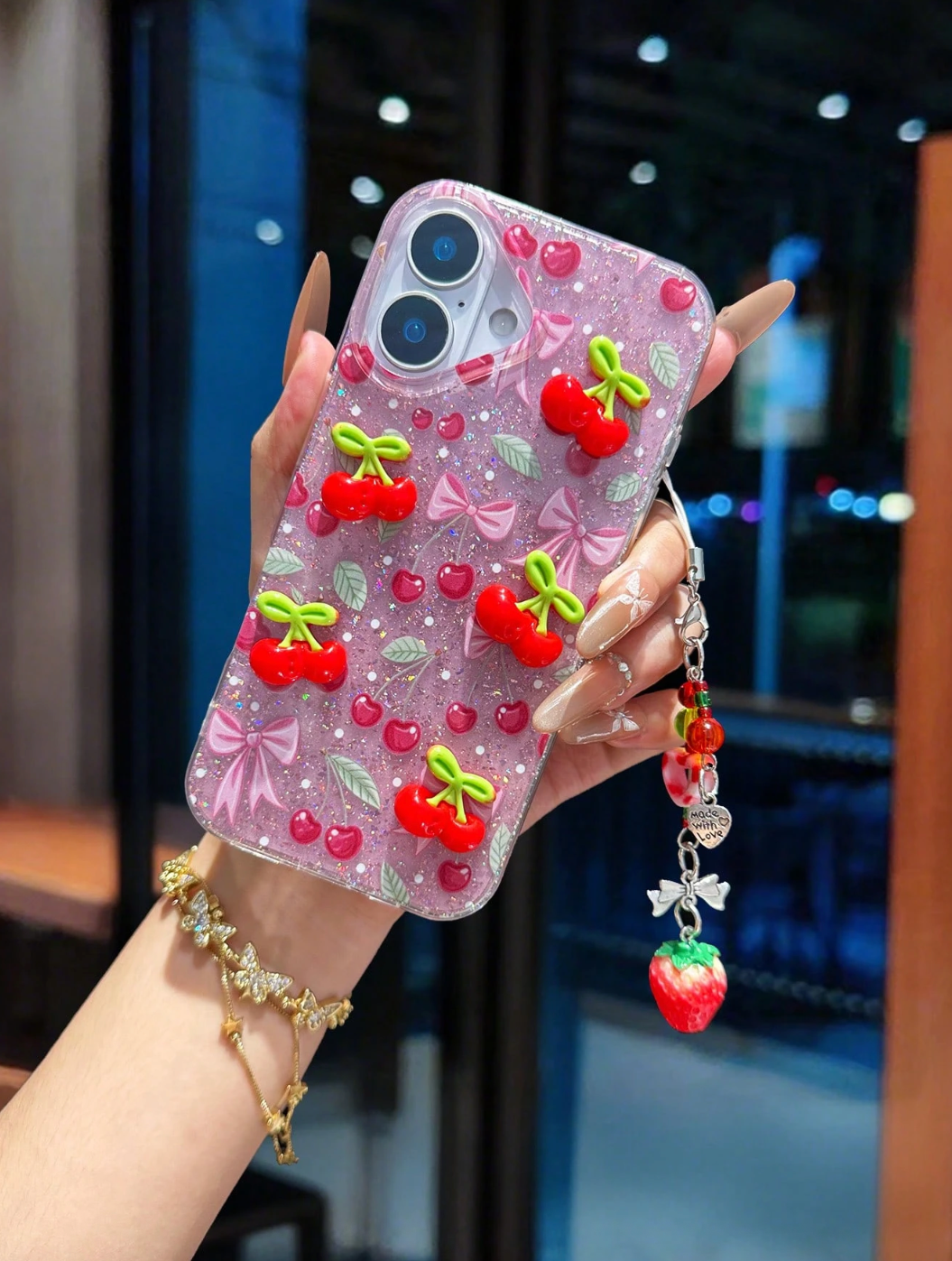 Red Glitter Epoxy Floral Phone Case – Cherry & Strawberry Variations with Dangling Charm | Shockproof Transparent Cover for iPhone
