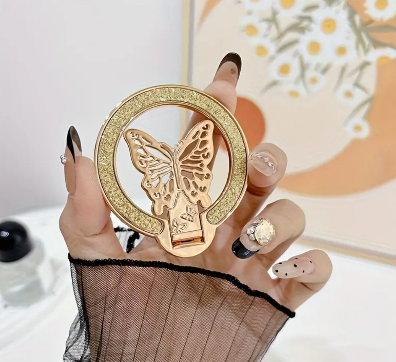 1pc Glitter Butterfly Phone Ring Holder – Ultra-Thin Magnetic Foldable Stand, Wireless Charging Compatible