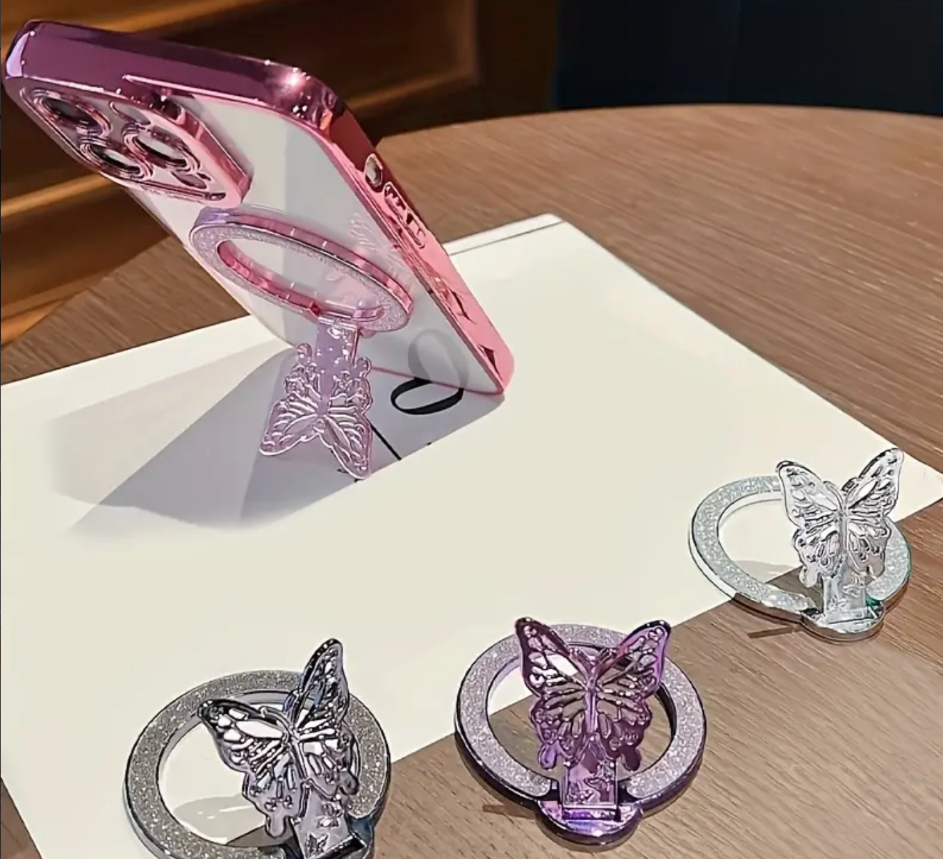1pc Glitter Butterfly Phone Ring Holder – Ultra-Thin Magnetic Foldable Stand, Wireless Charging Compatible