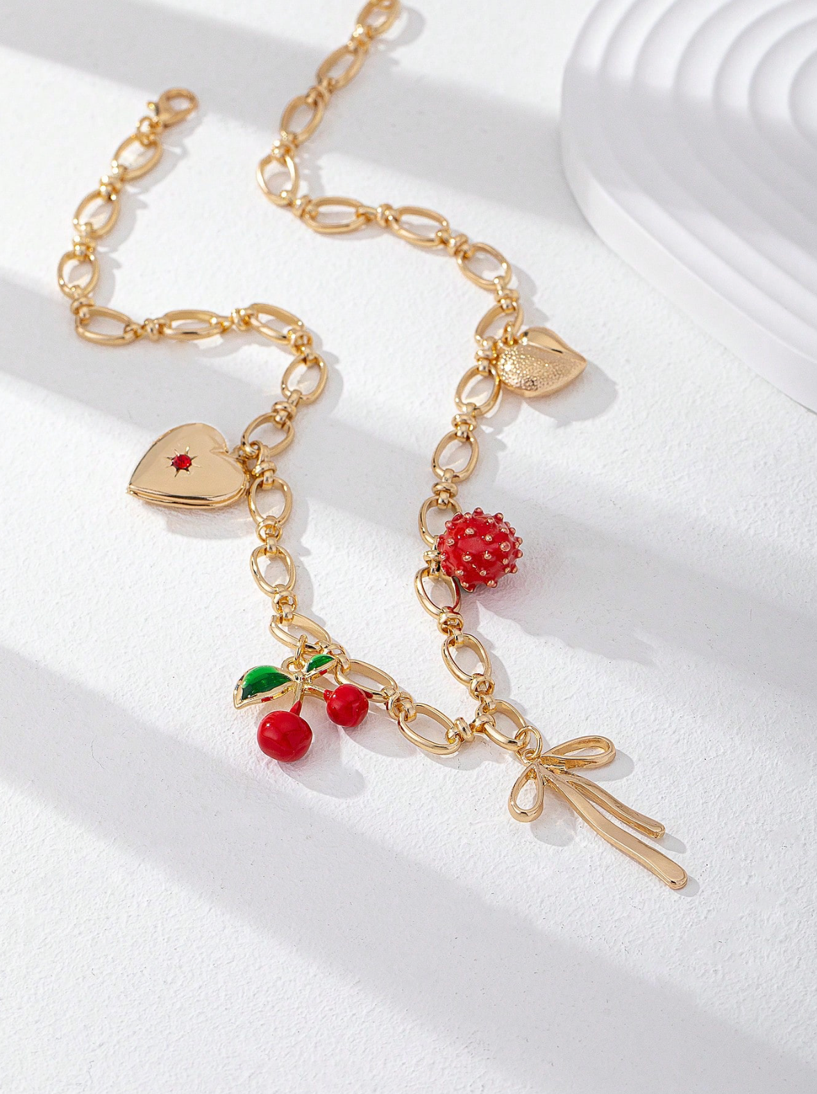1 Pc Heart Locket Bow Cherry Charm Necklace For Women Summer Necklaces Boho Jewelry