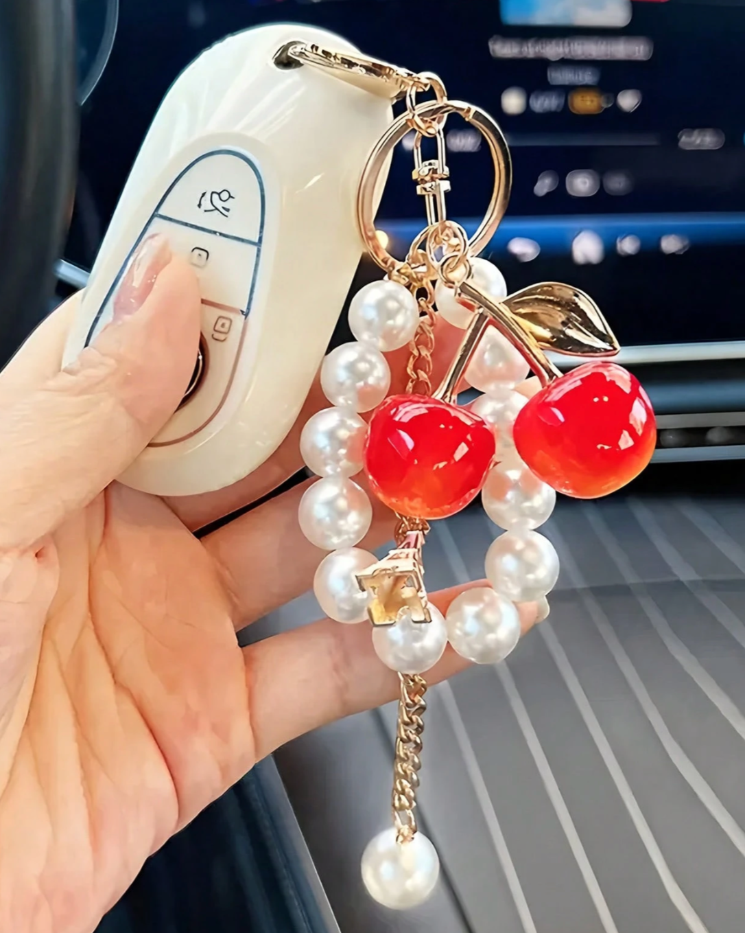 Red Glitter Cherry Pearl Keychain – Cute Bag Charm for Women, Alloy Pendant Accessory for Purse or Backpack