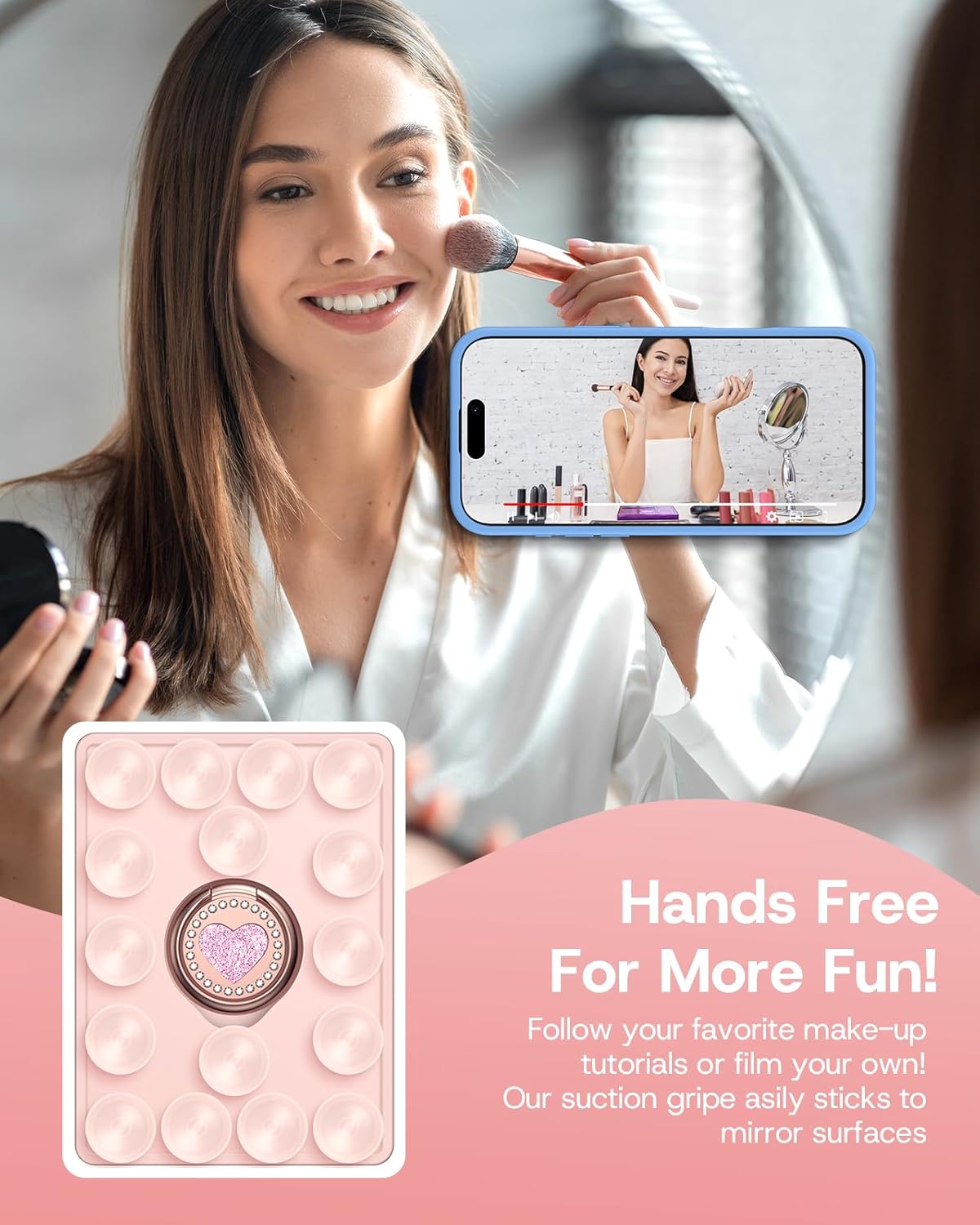 Silicone Suction Cup Phone Case Grip with Love Heart Ring Holder – Reusable Adhesive Stand & Phone Charm Base Stick