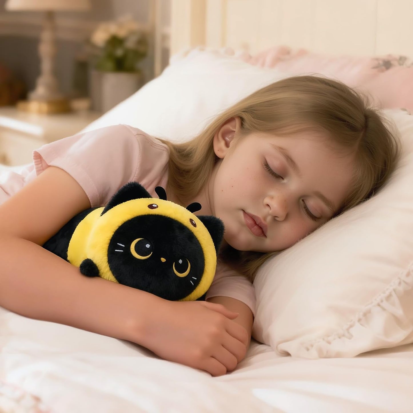 Kawaii Black Cat Bee Plush Pillow – 8" Soft Squishy Stuffed Kitten in Honeybee Costume for Kids & Girls