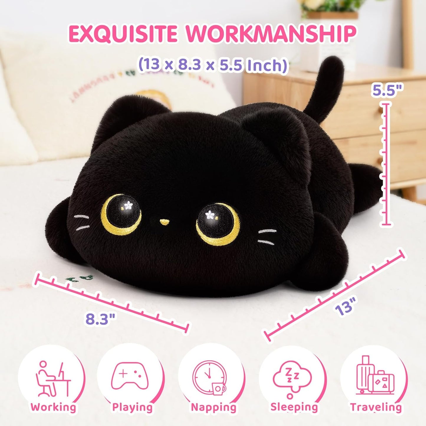 Kawaii Black Cat Plush Pillow – Soft Squishy Stuffed Animal Cushion for Kids