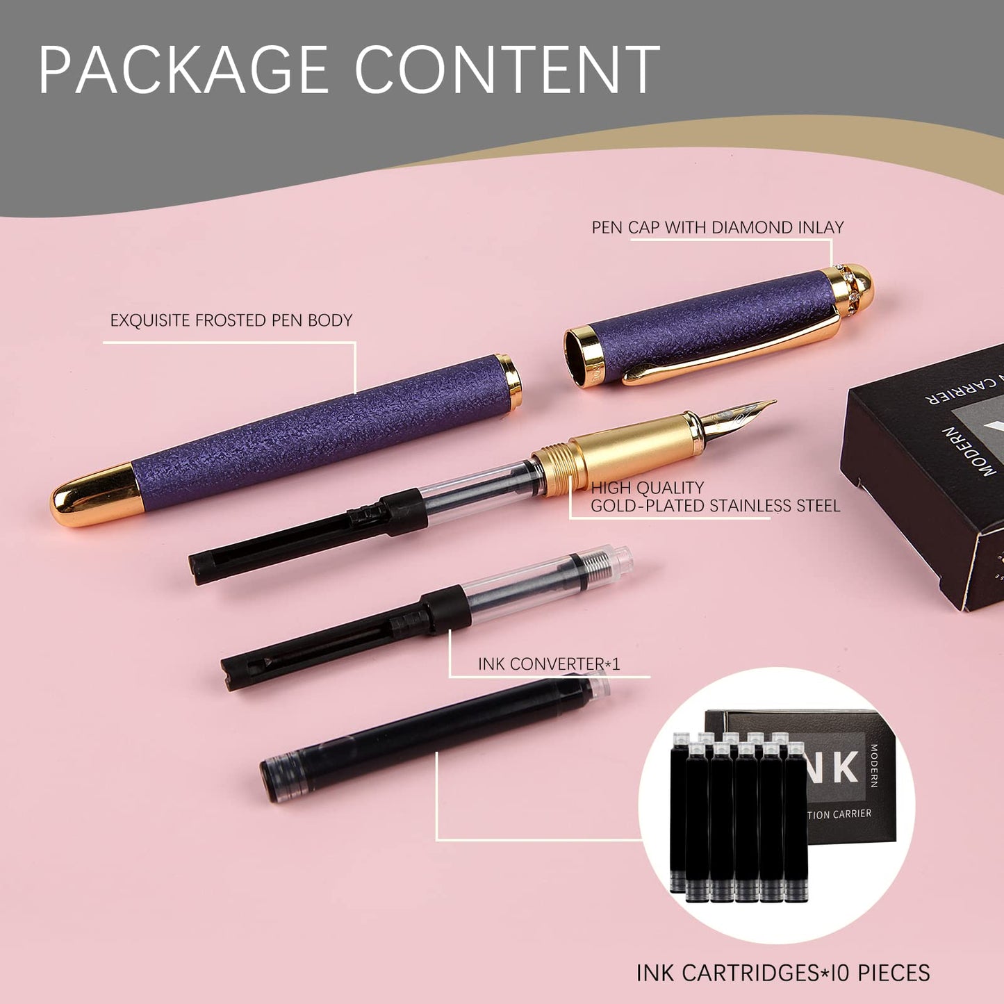 PrestigeQuill BOCIYER Rhinestone Diamond Fountain Pen Set - Multiple Color Styles with Frosted Finish, Luxury and Cute Pens for Office, Best Pen Set with 10 Ink Cartridges and Ink Refill Converter (Black)