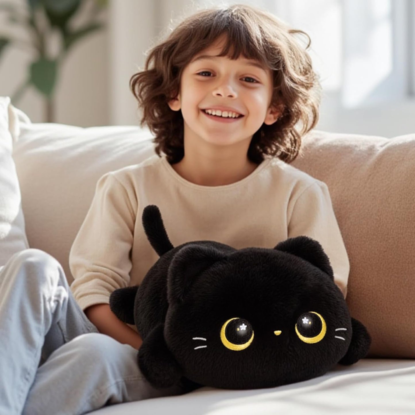 Kawaii Black Cat Plush Pillow – Soft Squishy Stuffed Animal Cushion for Kids