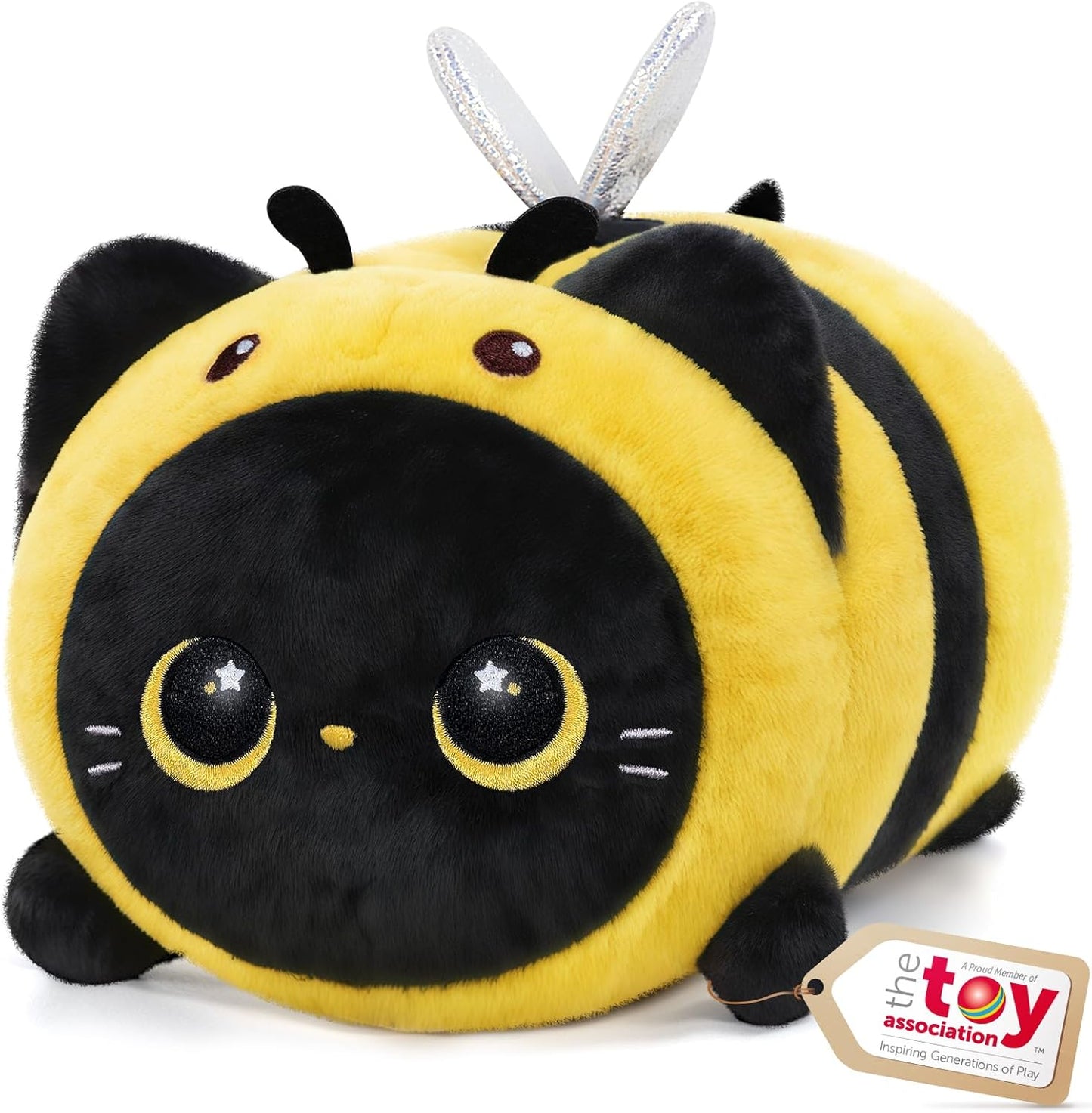 Kawaii Black Cat Bee Plush Pillow – 8" Soft Squishy Stuffed Kitten in Honeybee Costume for Kids & Girls