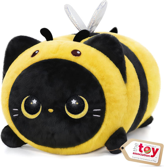 Kawaii Black Cat Bee Plush Pillow – 8" Soft Squishy Stuffed Kitten in Honeybee Costume for Kids & Girls