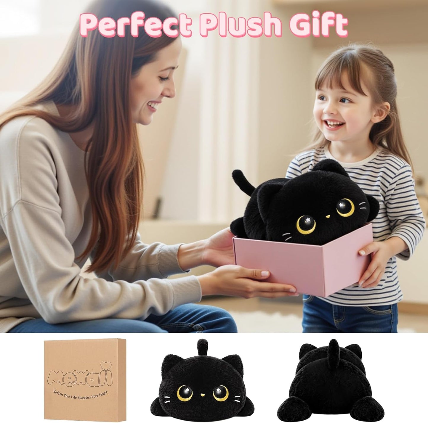 Kawaii Black Cat Plush Pillow – Soft Squishy Stuffed Animal Cushion for Kids