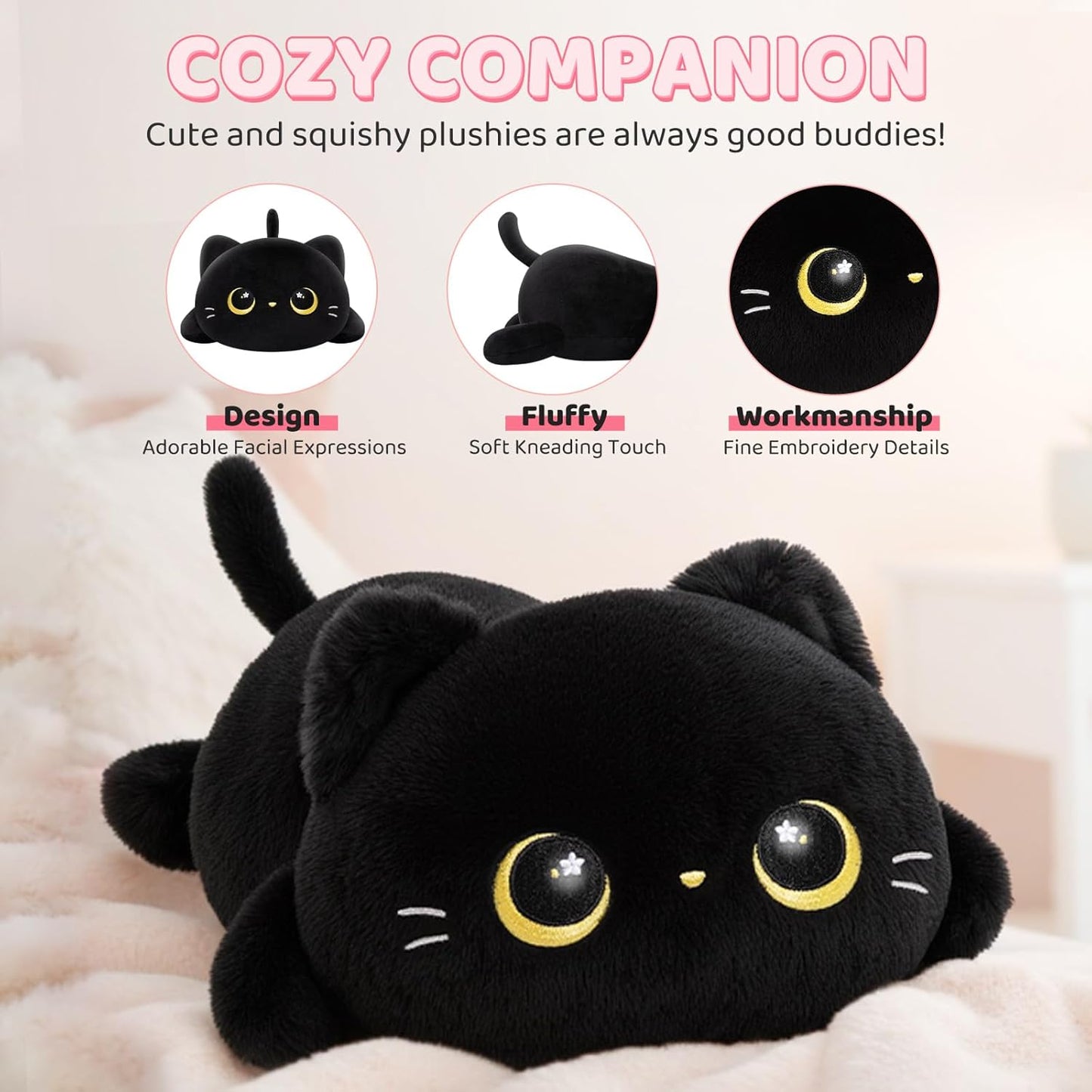 Kawaii Black Cat Plush Pillow – Soft Squishy Stuffed Animal Cushion for Kids