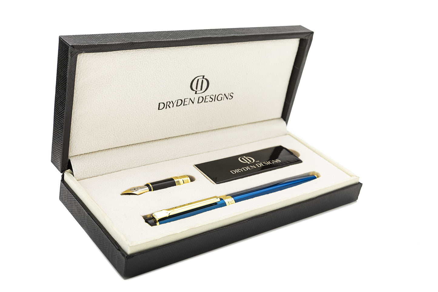 Dryden Designs Fountain Pen Set - Medium and Fine Nibs | Luxury Box, 6 Ink Cartridges - 3 Black 3 Blue, Ink Refill Converter - Intense Black