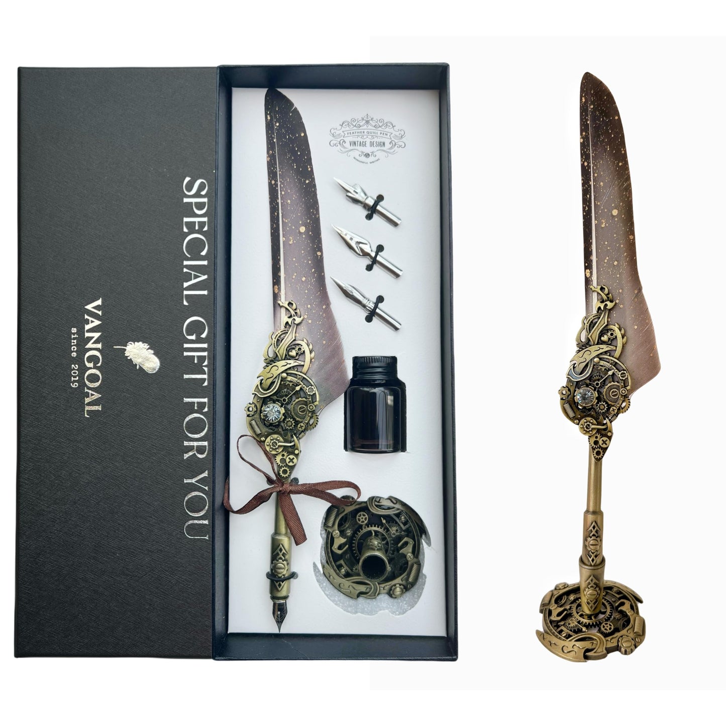 Prestigequill Steampunk Feather Pen and Ink Set with Gift Box