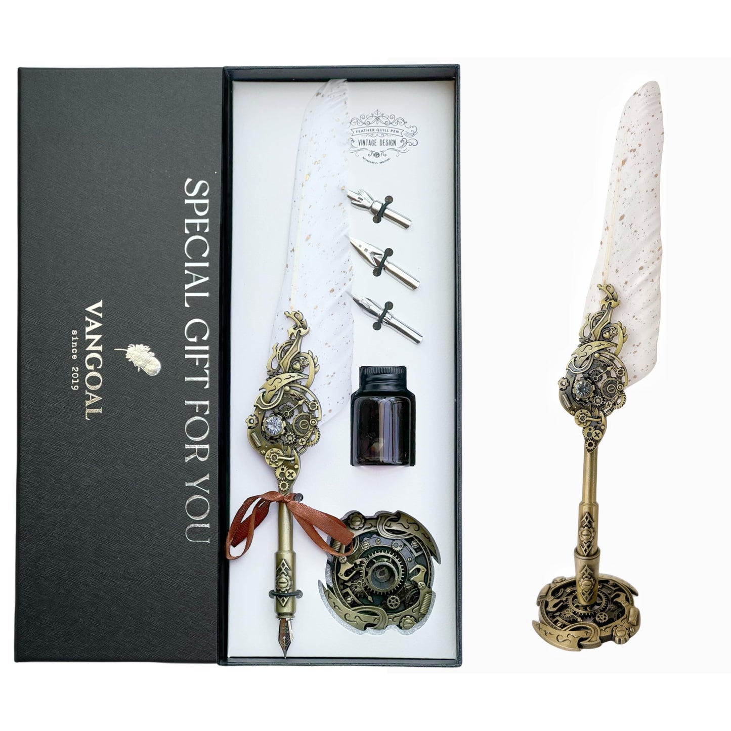 Prestigequill Steampunk Feather Pen and Ink Set with Gift Box