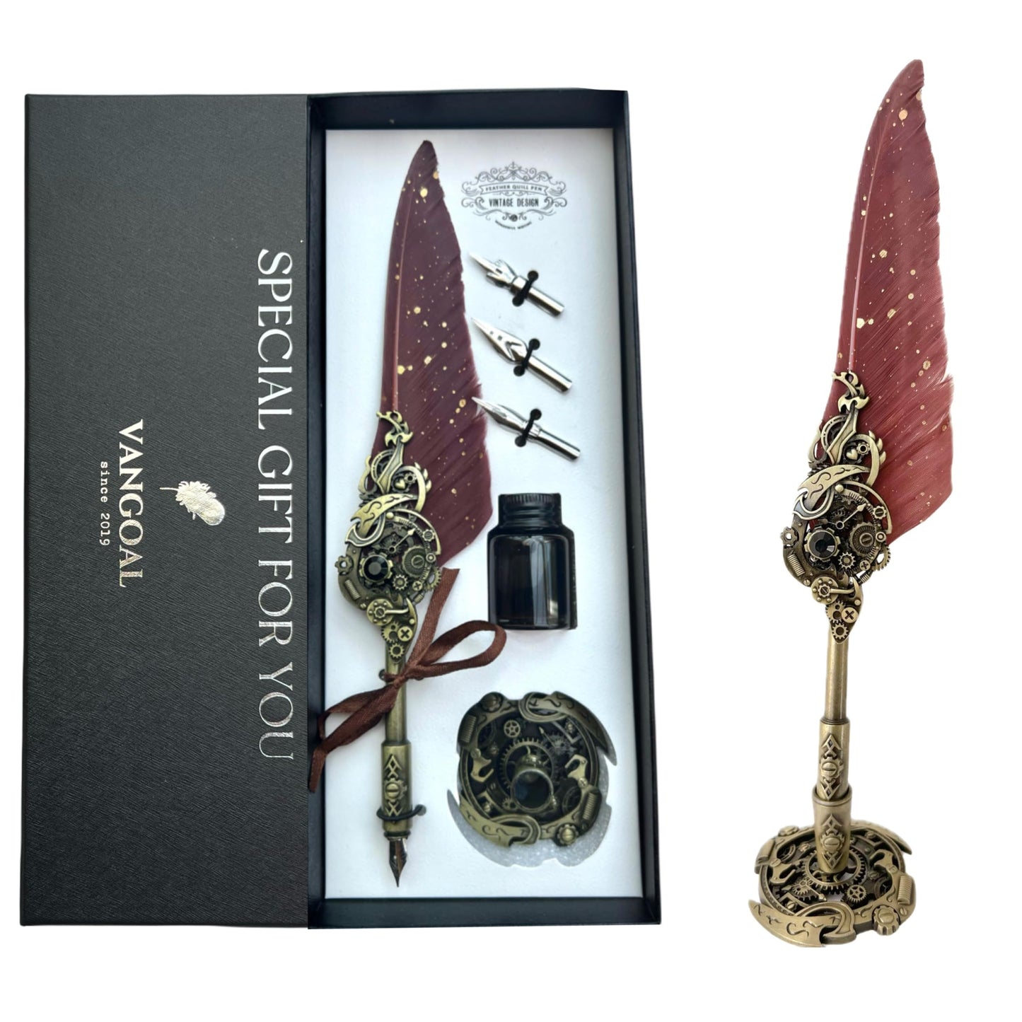 Prestigequill Steampunk Feather Pen and Ink Set with Gift Box