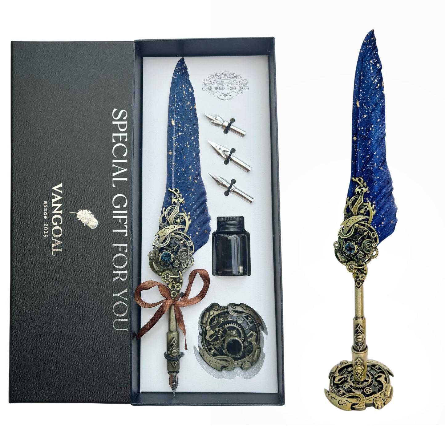 Prestigequill Steampunk Feather Pen and Ink Set with Gift Box