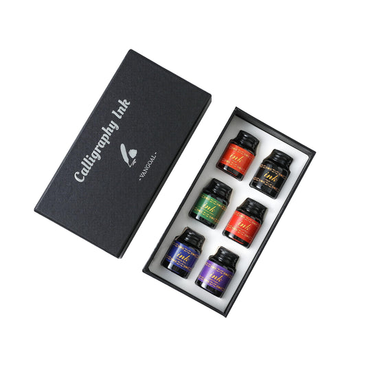 VANGOAL 6-Bottle Dip Pen Ink Set - 15ml Each | Premium Writing/Drawing Inks for Fountain Pens, Glass Pens, Calligraphy Dipping Pens, Feather Pens, Quill Pens, and Witch Pens | Black, Blue, Purple, Orange, Red, Green Inks