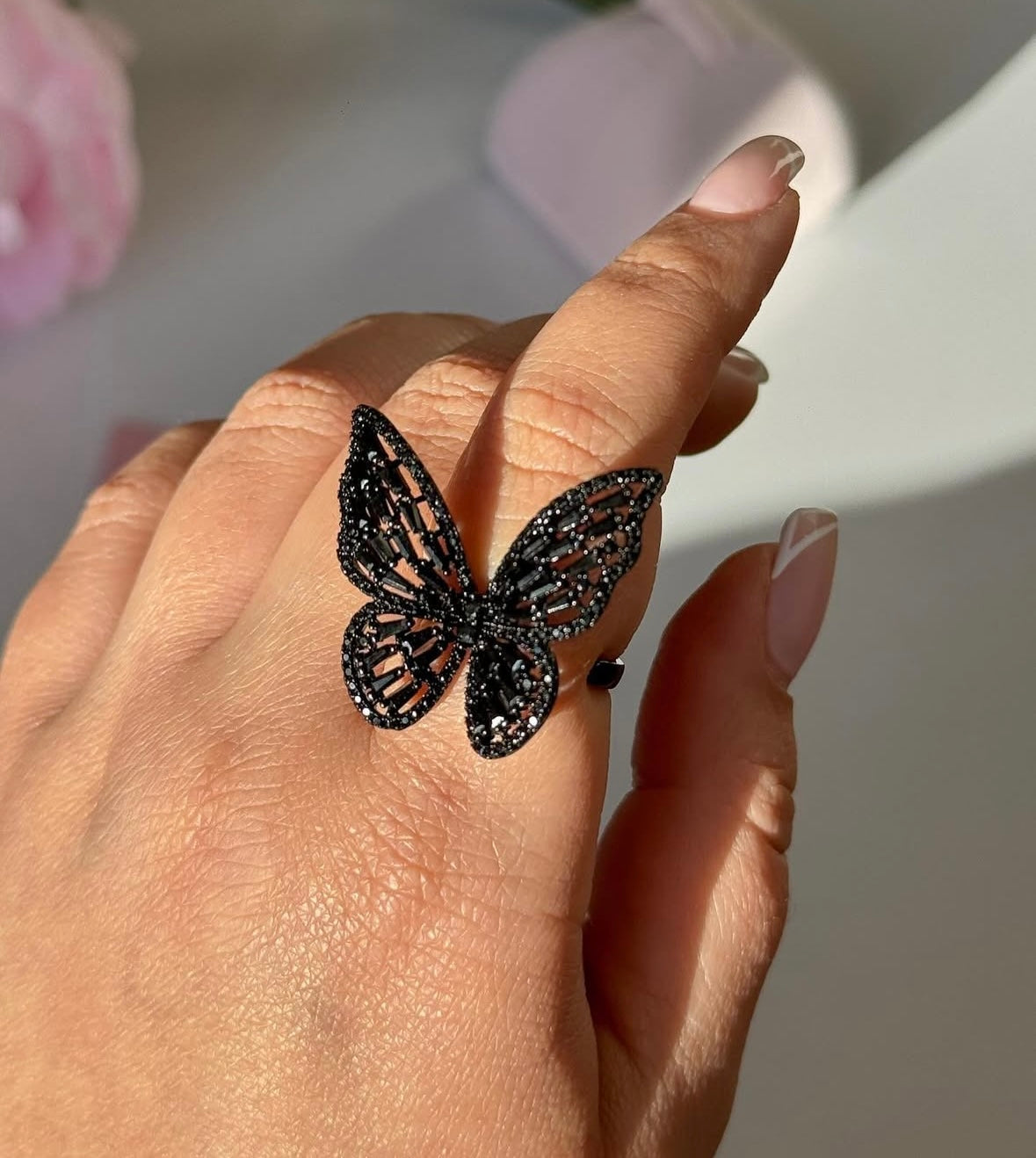 Cubic Zirconia Butterfly Ring – Dainty Adjustable Sparkling Insect-Inspired Jewelry