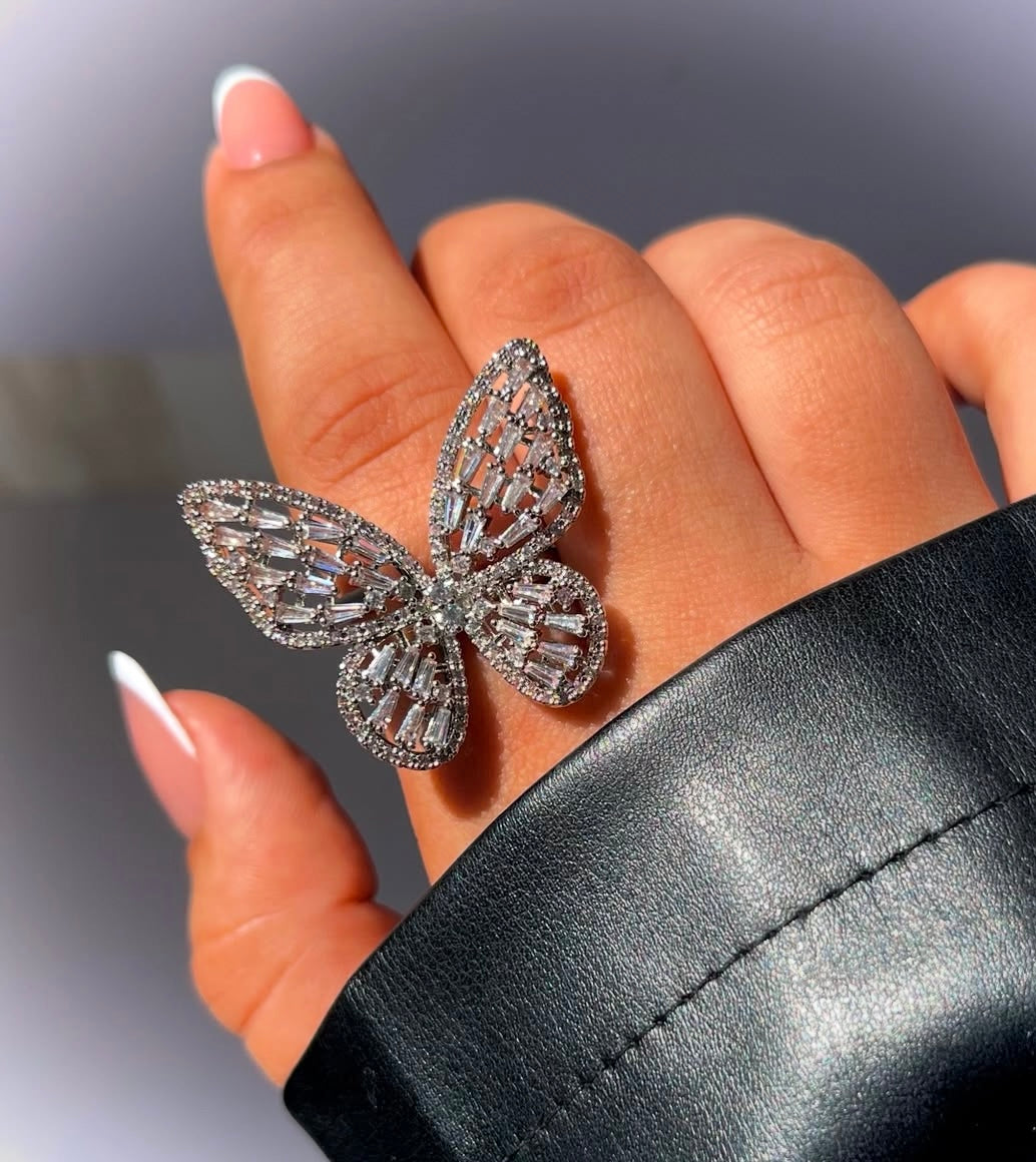 Cubic Zirconia Butterfly Ring – Dainty Adjustable Sparkling Insect-Inspired Jewelry