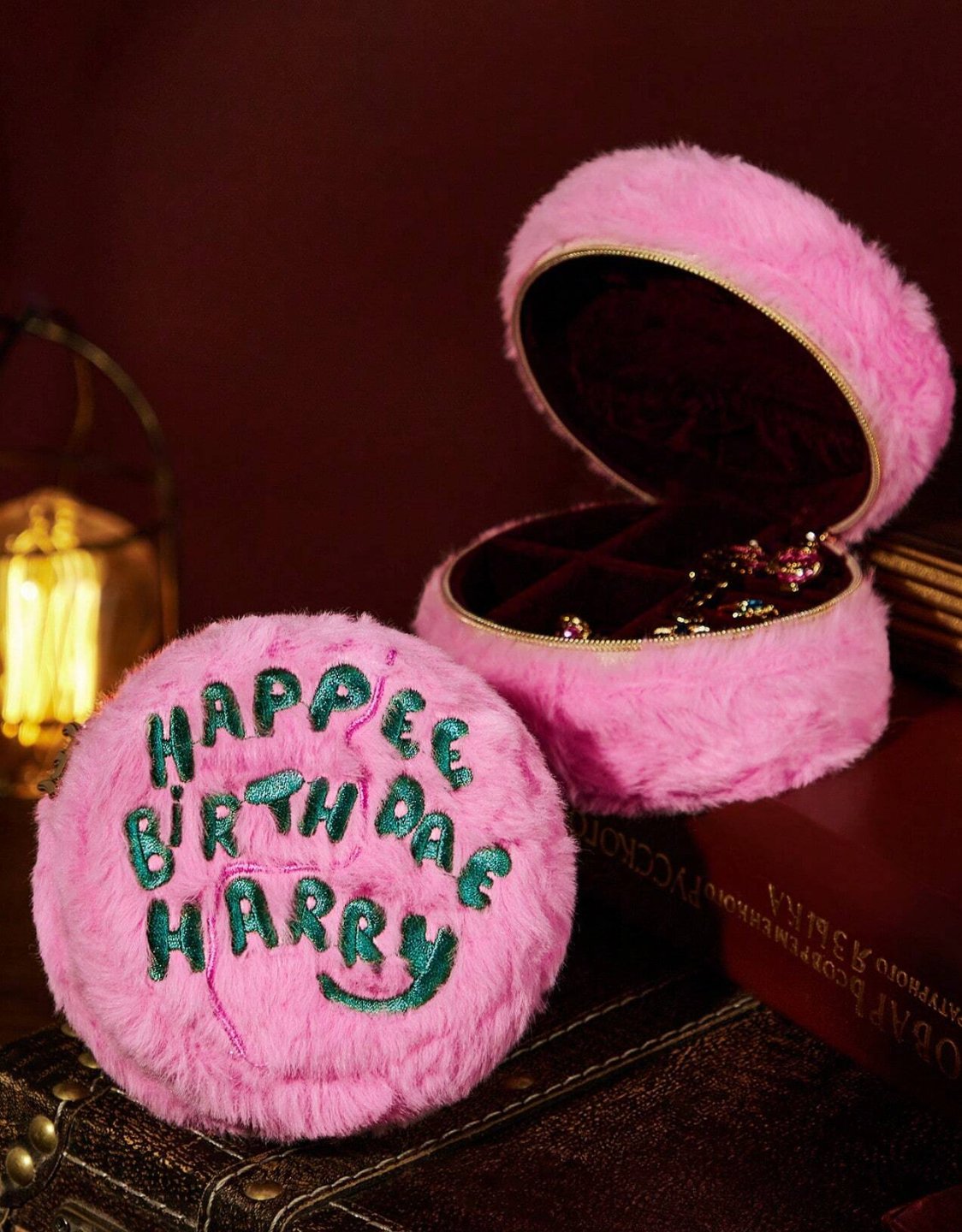 Harry Potter Pink Plush Birthday Cake Letter Embroidered Jewelry Storage Box