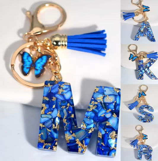 Fashion Blue Glazed Stone A To Z Letter Keychain - Stylish Keychain with Blue Glaze, Gold Accents & Blue Feather Accents