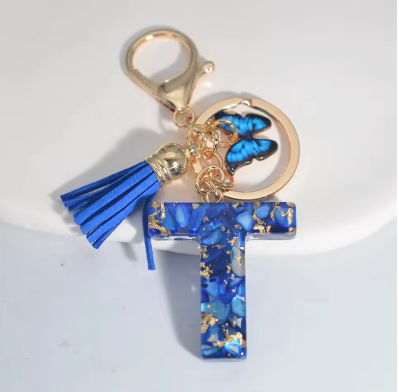 Fashion Blue Glazed Stone A To Z Letter Keychain - Stylish Keychain with Blue Glaze, Gold Accents & Blue Feather Accents