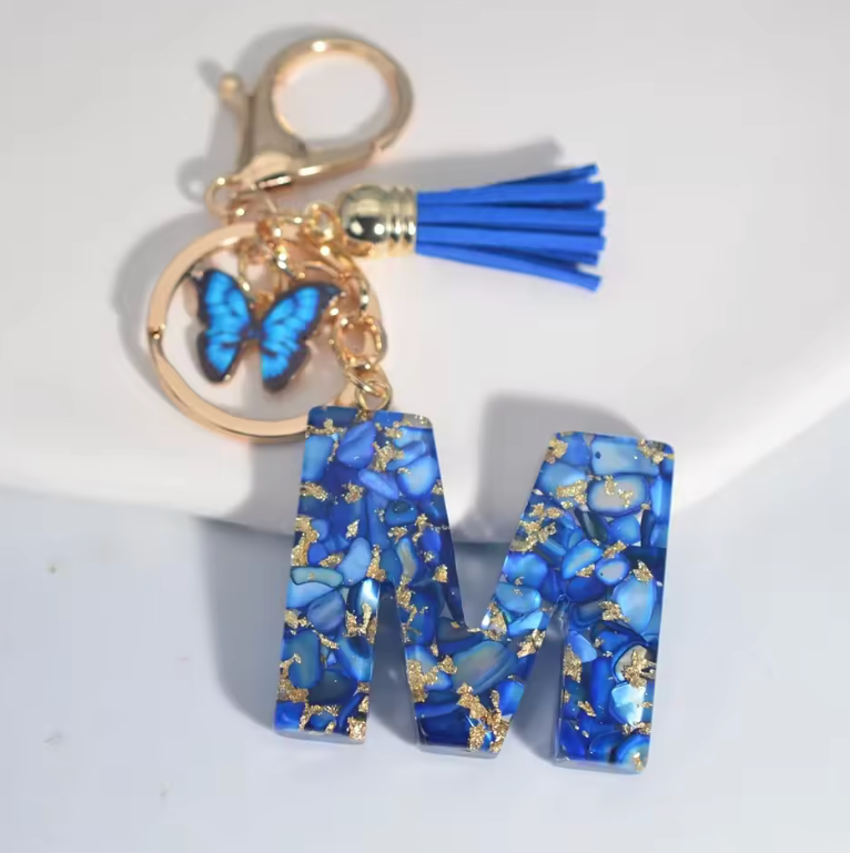 Fashion Blue Glazed Stone A To Z Letter Keychain - Stylish Keychain with Blue Glaze, Gold Accents & Blue Feather Accents