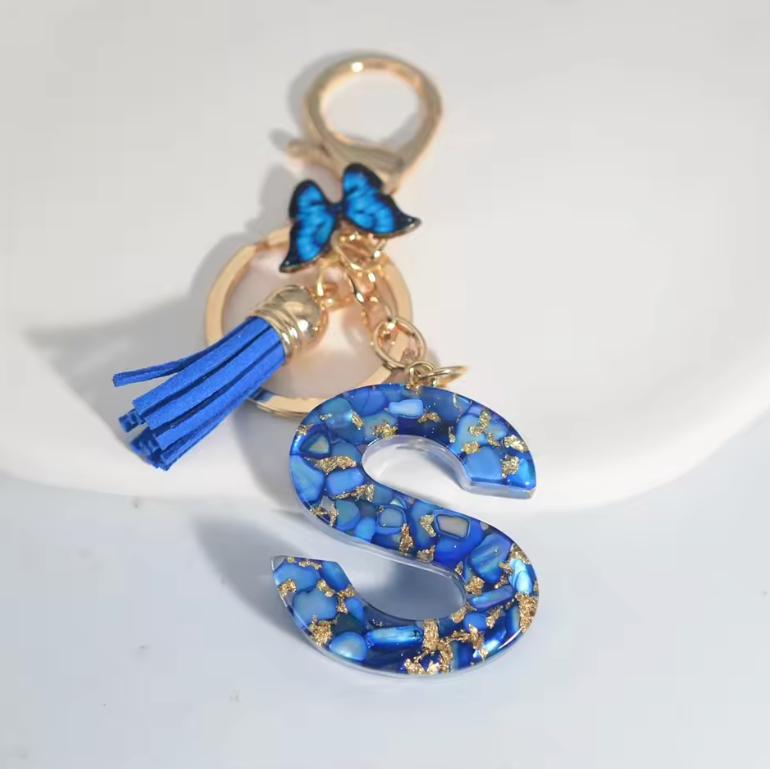 Fashion Blue Glazed Stone A To Z Letter Keychain - Stylish Keychain with Blue Glaze, Gold Accents & Blue Feather Accents