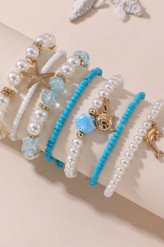 Bohemian Beach Themed Faux Pearl Beaded Bracelet Set For Girl - 7 Unique Stretchy Adjustable Styles with Seashell Charms & Gold Accents Perfect for Summer Glam